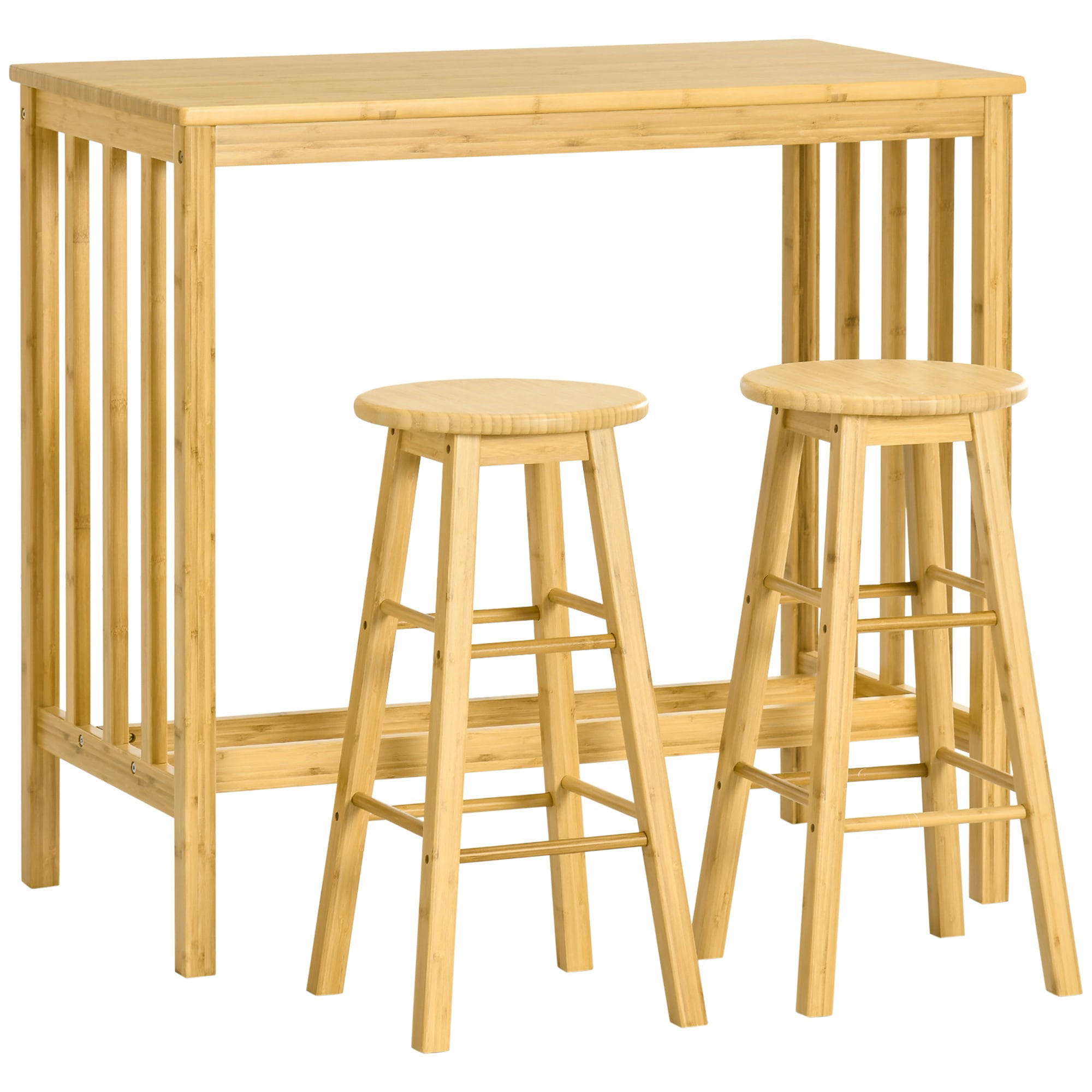 - Ensemble table de bar 2 tabourets avec repose-pieds bambou verni