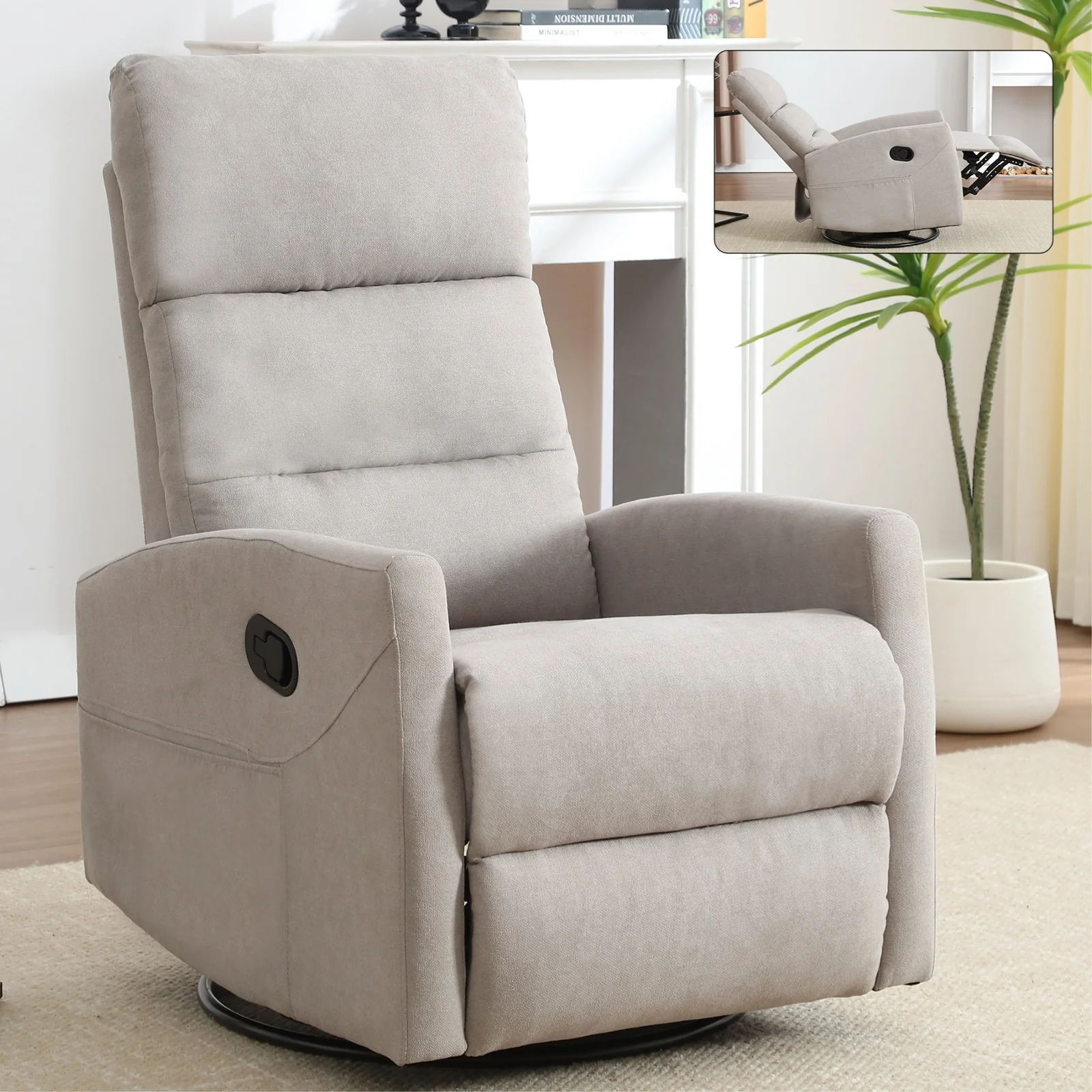 Fabric Rocker Recliner Chair with 360° Swivel Base, Manual Reclining Armchair with Side Lever, Comfortable Lounge Chair