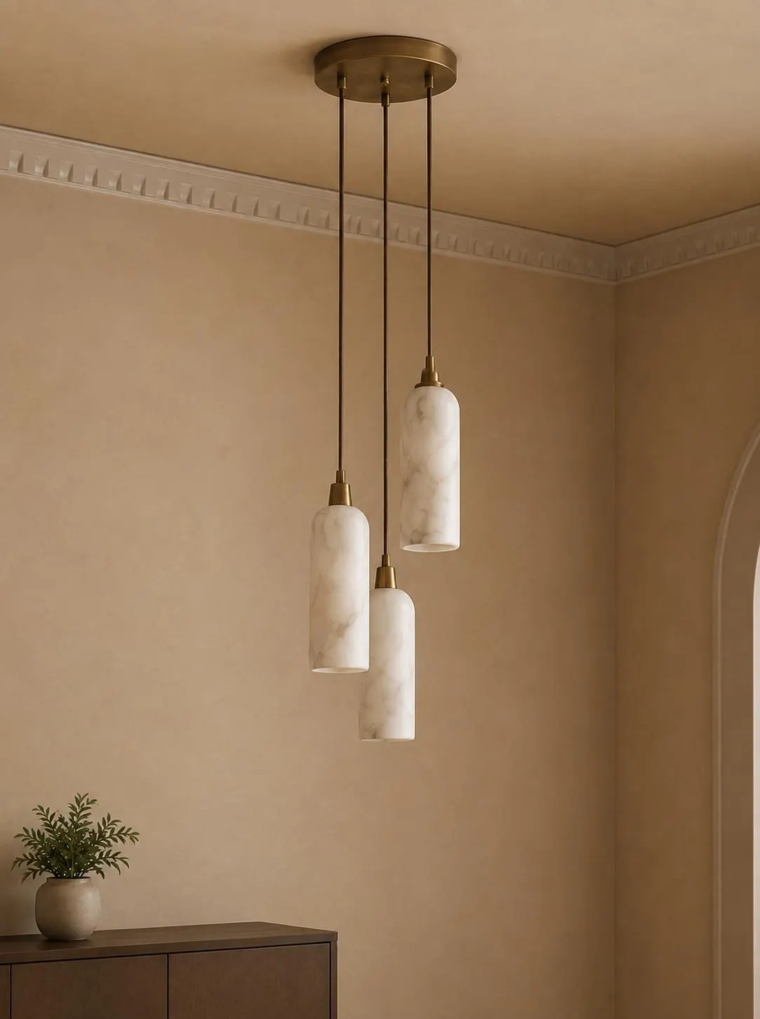 Natural Alabaster Stone Pendant Light Cylinder Marble Shade Lamp Modern Brass Hanging Light Chandelier Dining Island Lighting