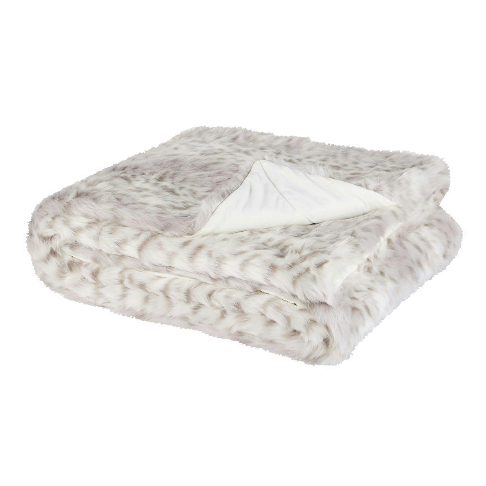 CLEO - Plaid imitation fourrure grise et écrue imprimé léopard des neiges 150x180