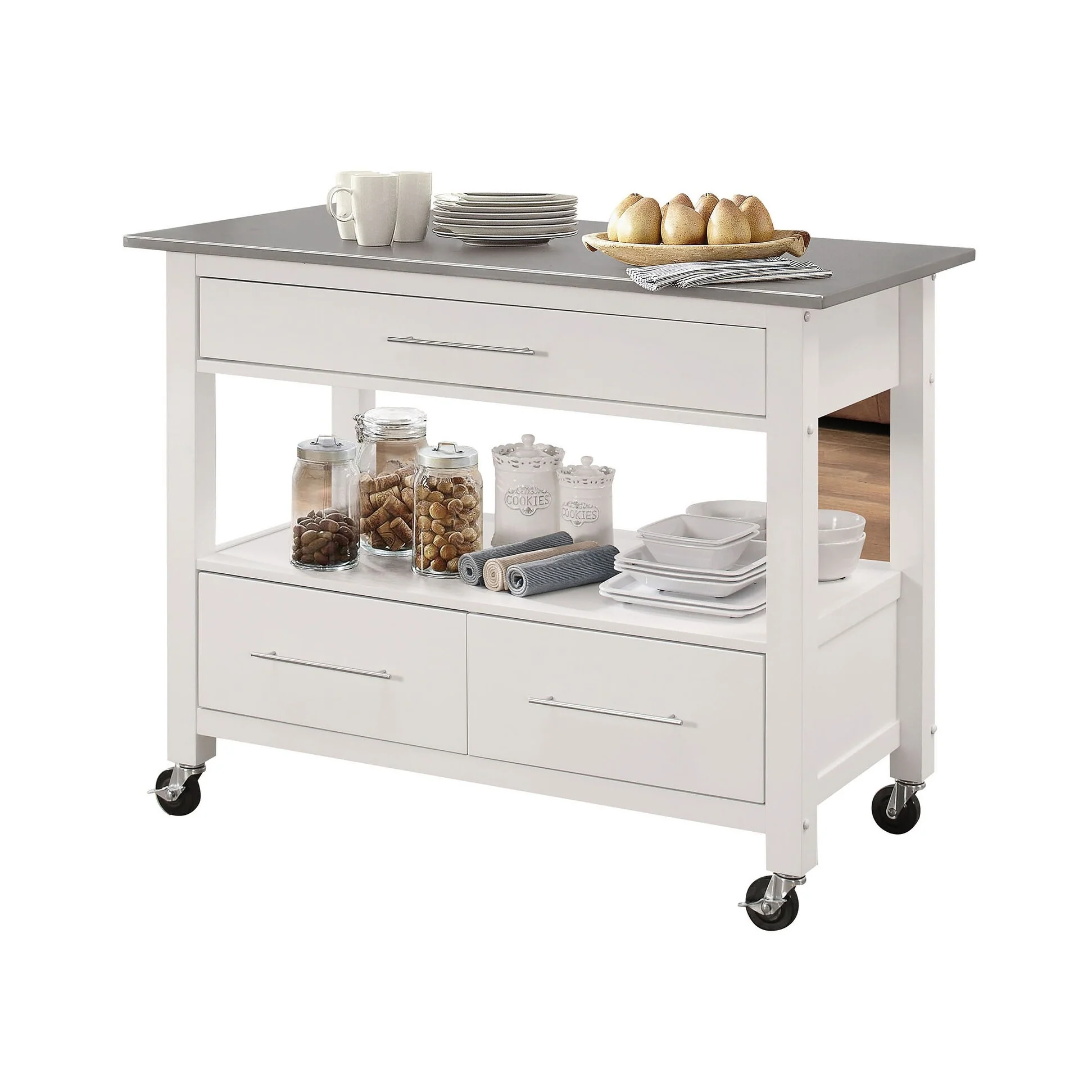 Ottawa Stainless Steel Top & White Finish Kitchen Cart(no include stool)