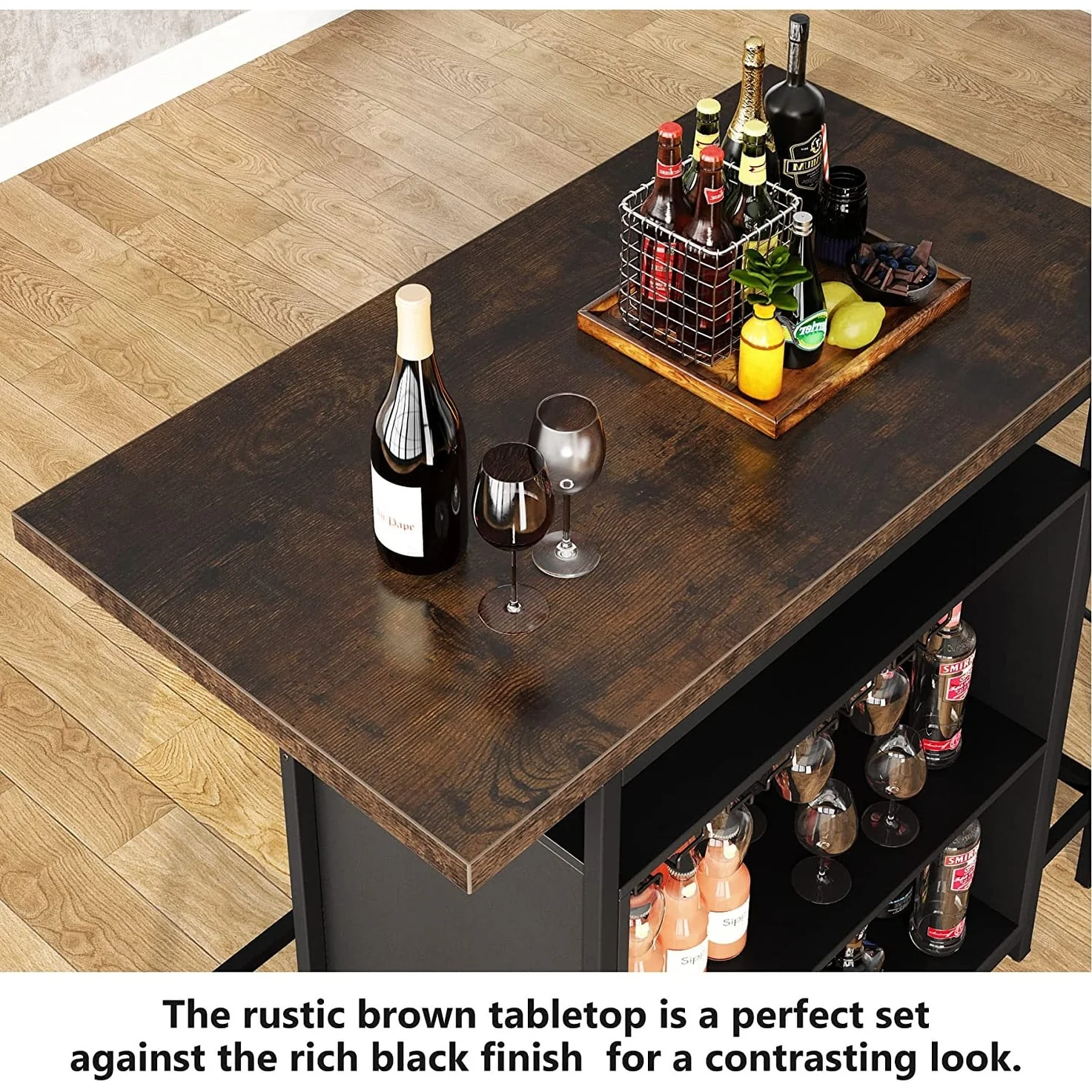 Home Bar Unit, Industrial 3-Tier Liquor Bar Table with Glasses Holder