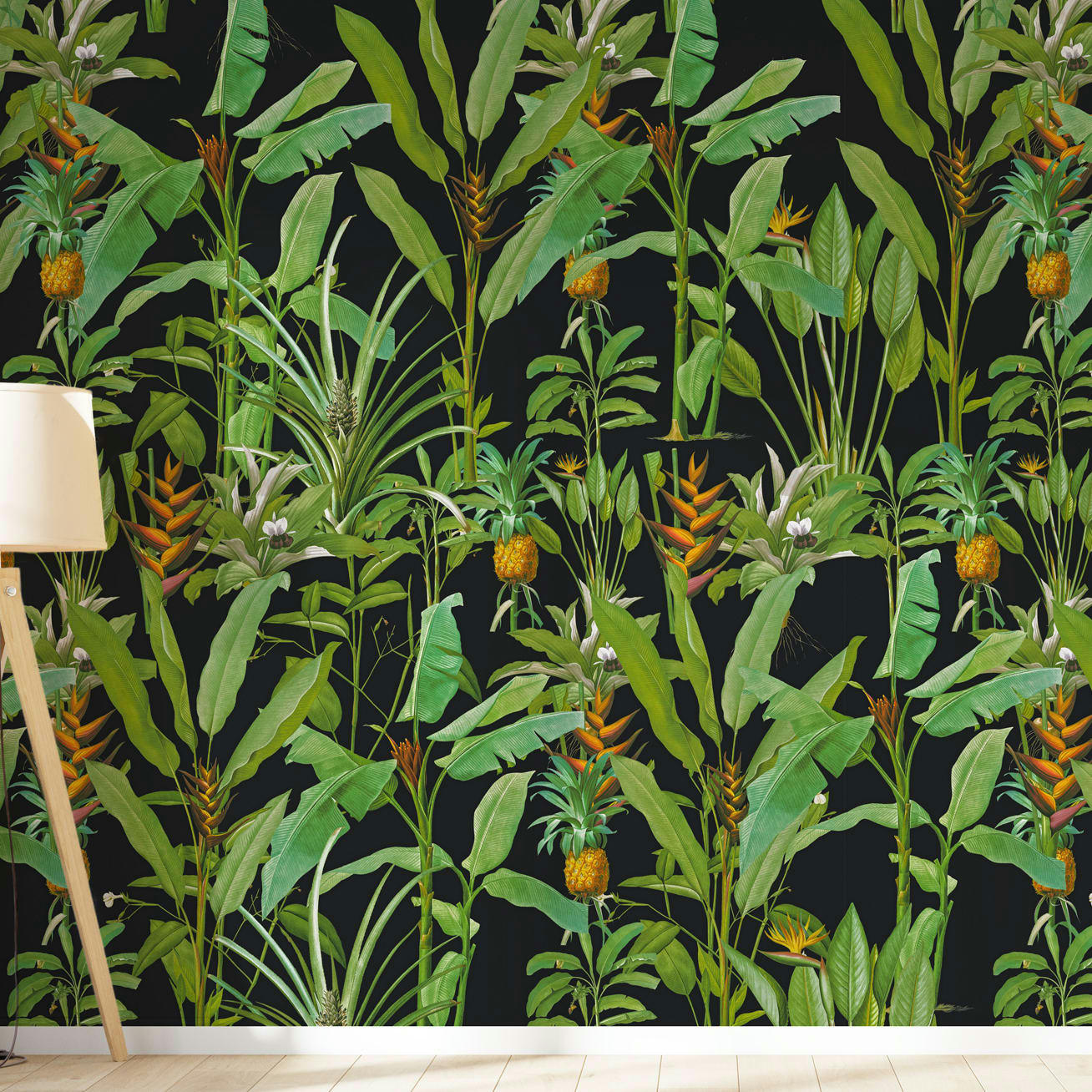- Papier peint motifs bananiers fleurs noir 425x260cm