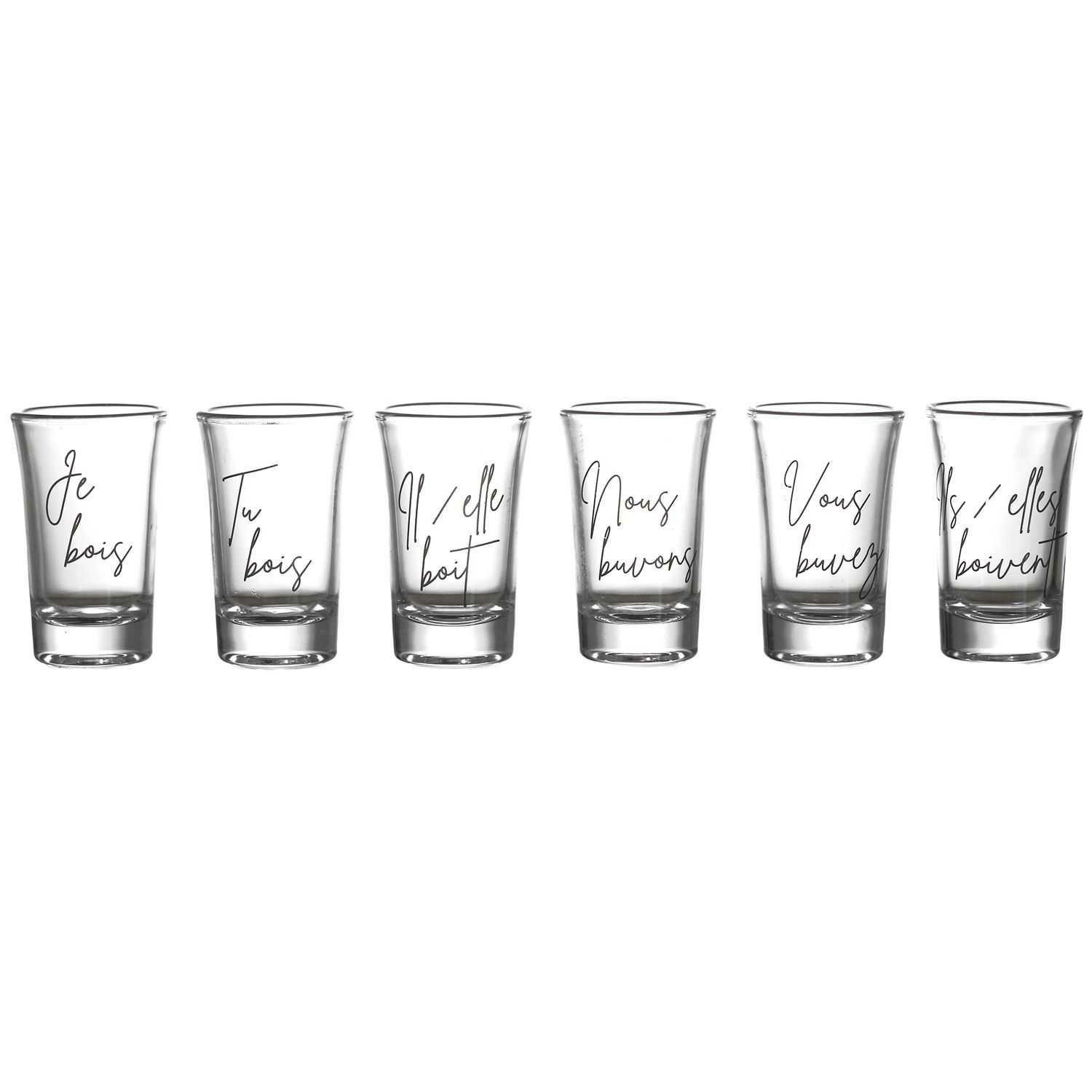 Zestaw 6 kieliszków do shotów Verres z francuskimi napisami, szkło 7 cm
