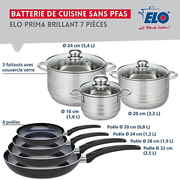 Ensemble de 4 Poêles de cuisson 20, 24, 28 et 32 cm et 3 faitouts 16, 20 et 24 cm Elo Prima Brillant