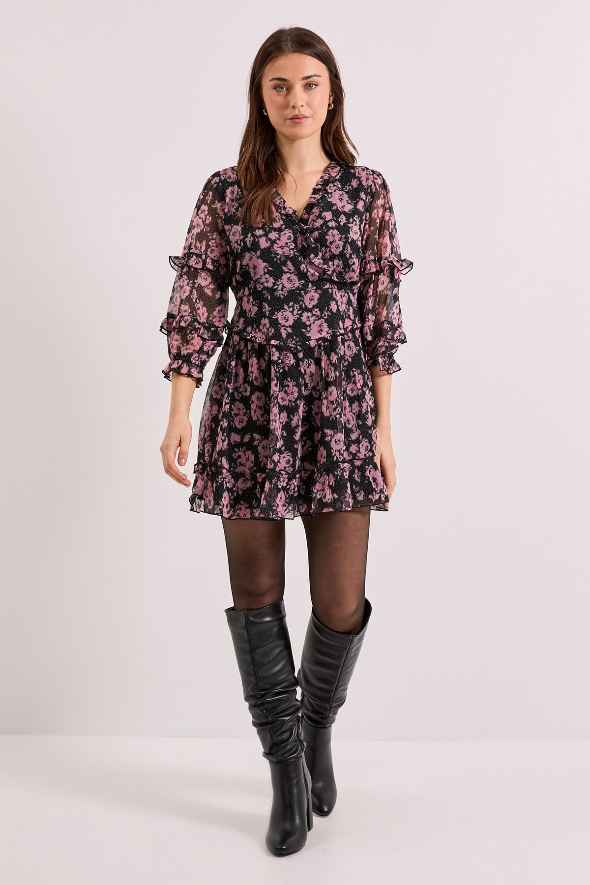 Dorothy Perkins Floral Ruffle Trim Wrap Front Printed Mini Dress