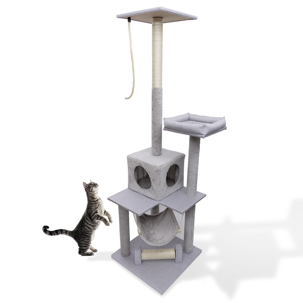 Arbre à chat XXL 4 niveaux grattoir et couchage gris H165cm