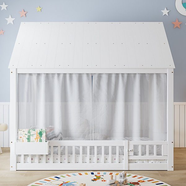 Lit simple enfant 140x200 cm avec détails de fenêtre et toit, rideaux décoratifs blancs et rangement, robuste, blanc