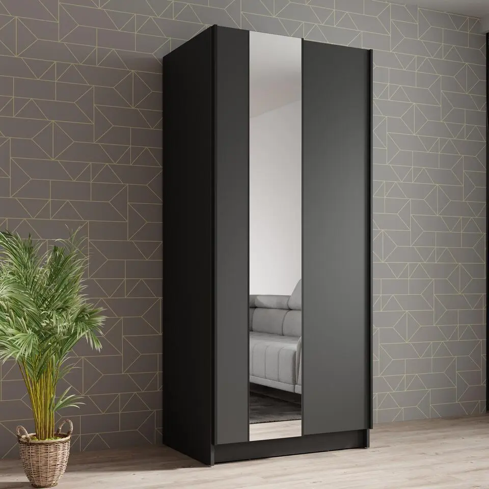 Meubella - Kledingkast Salta - Zwart - 80 cm - Met spiegel