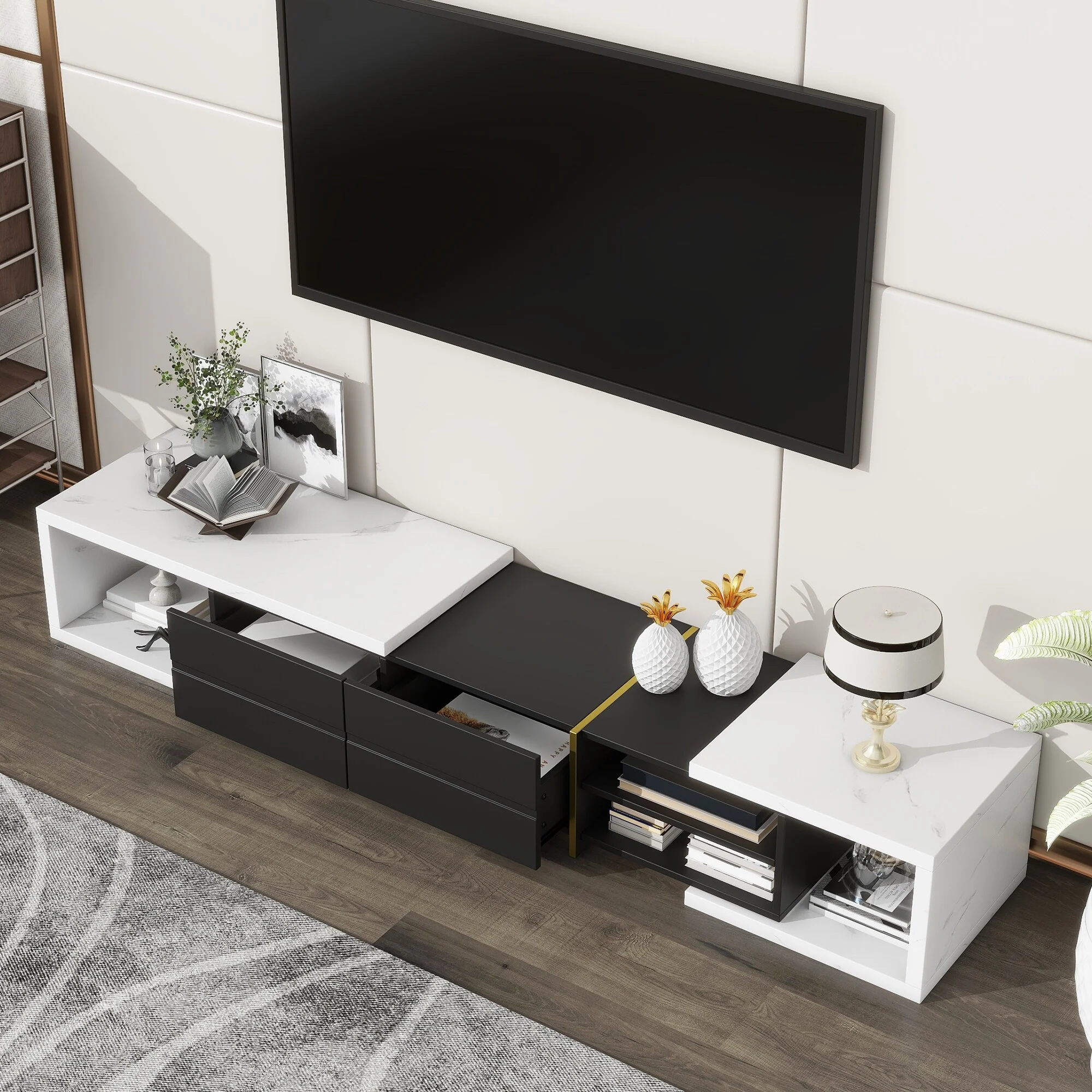 White+Black Modern Style Extendable TV Stand with 2 Drawers and 4 Shelves for TVs Up to 90