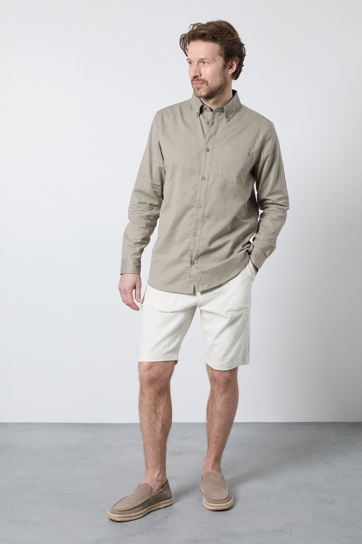 Maine Khaki Long Sleeve Linen Blend Shirt