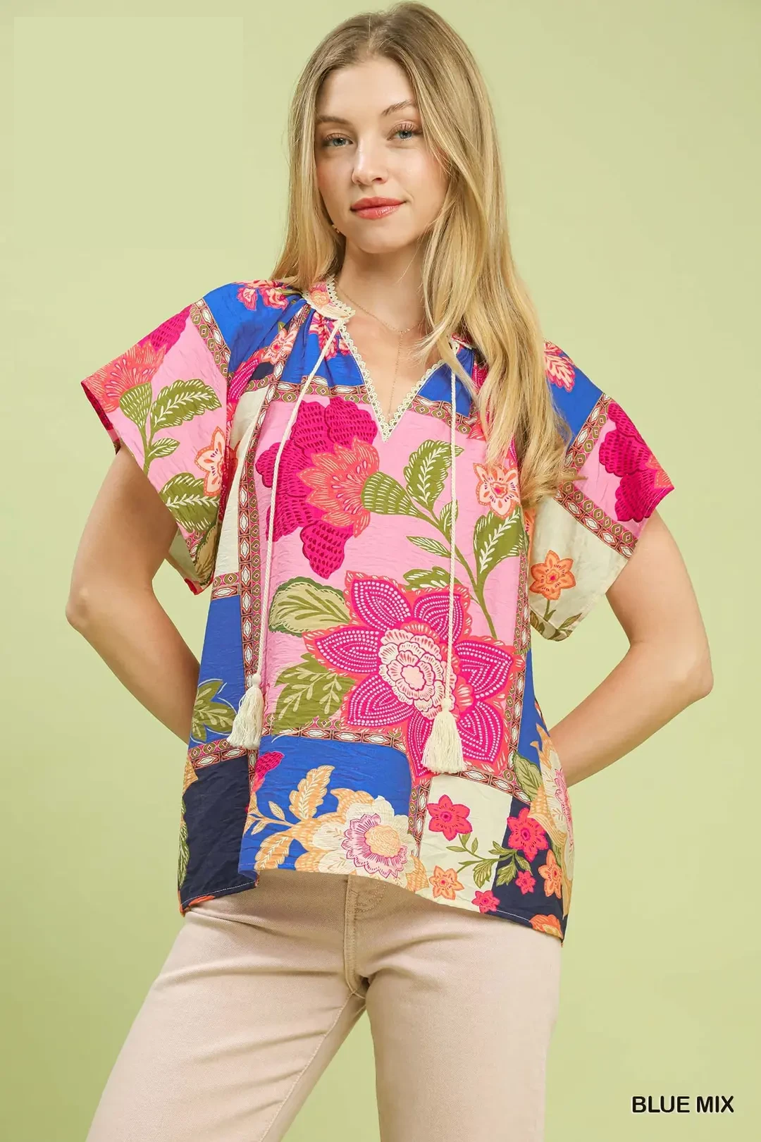 Mix Floral Patchwork Tassel Tie Top