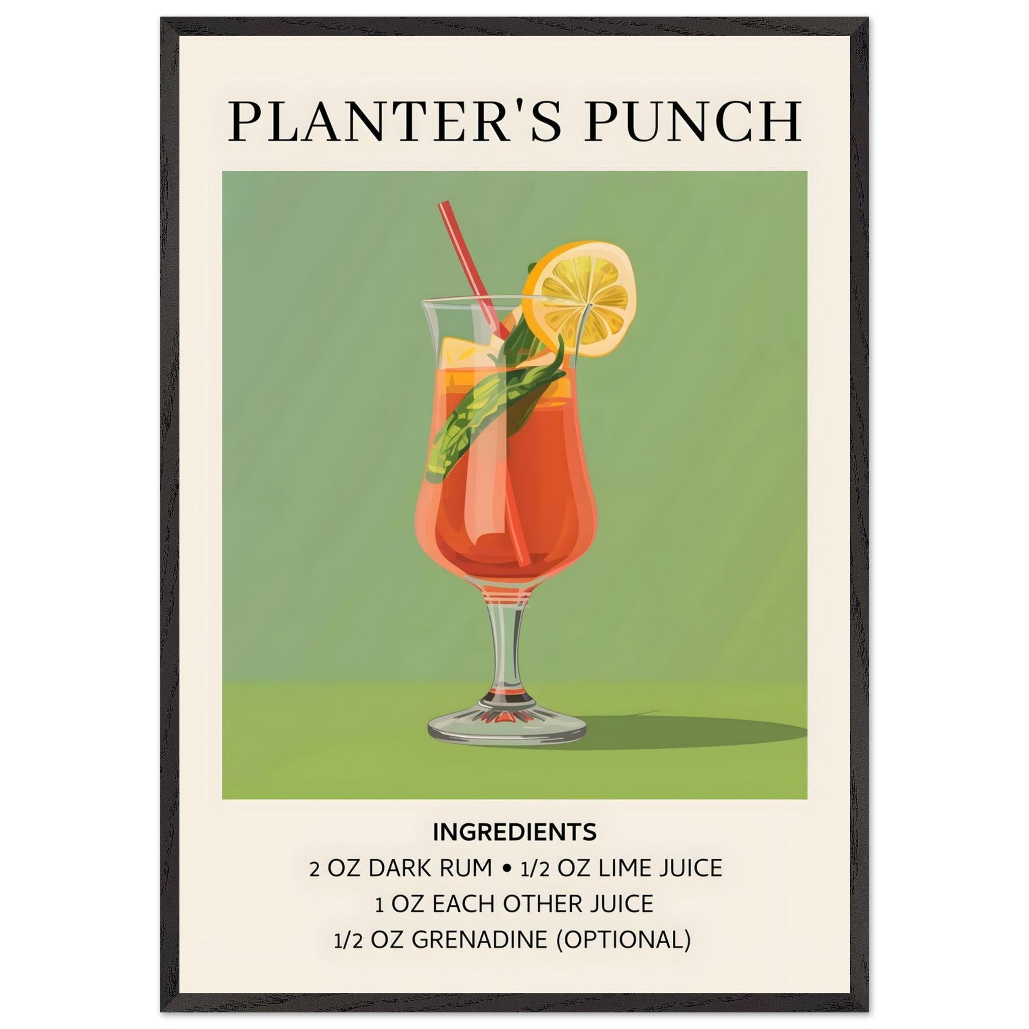 Artfulprints Poster met Lijst Planter's Punch cocktail - Ingrediënten  - 70x100 cm - Groen