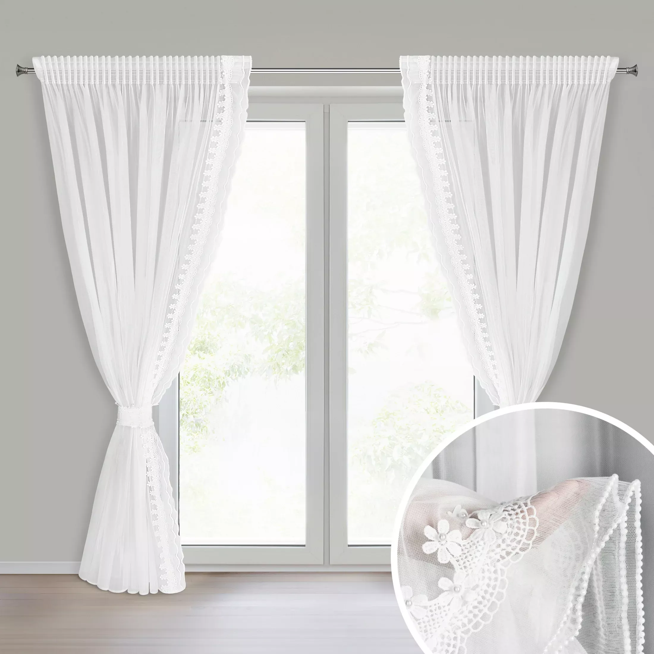 Komplet białych firan 2 szt zdobionych koronką z perełkami, troczek w zestawie 140x270 cm taśma LARISA