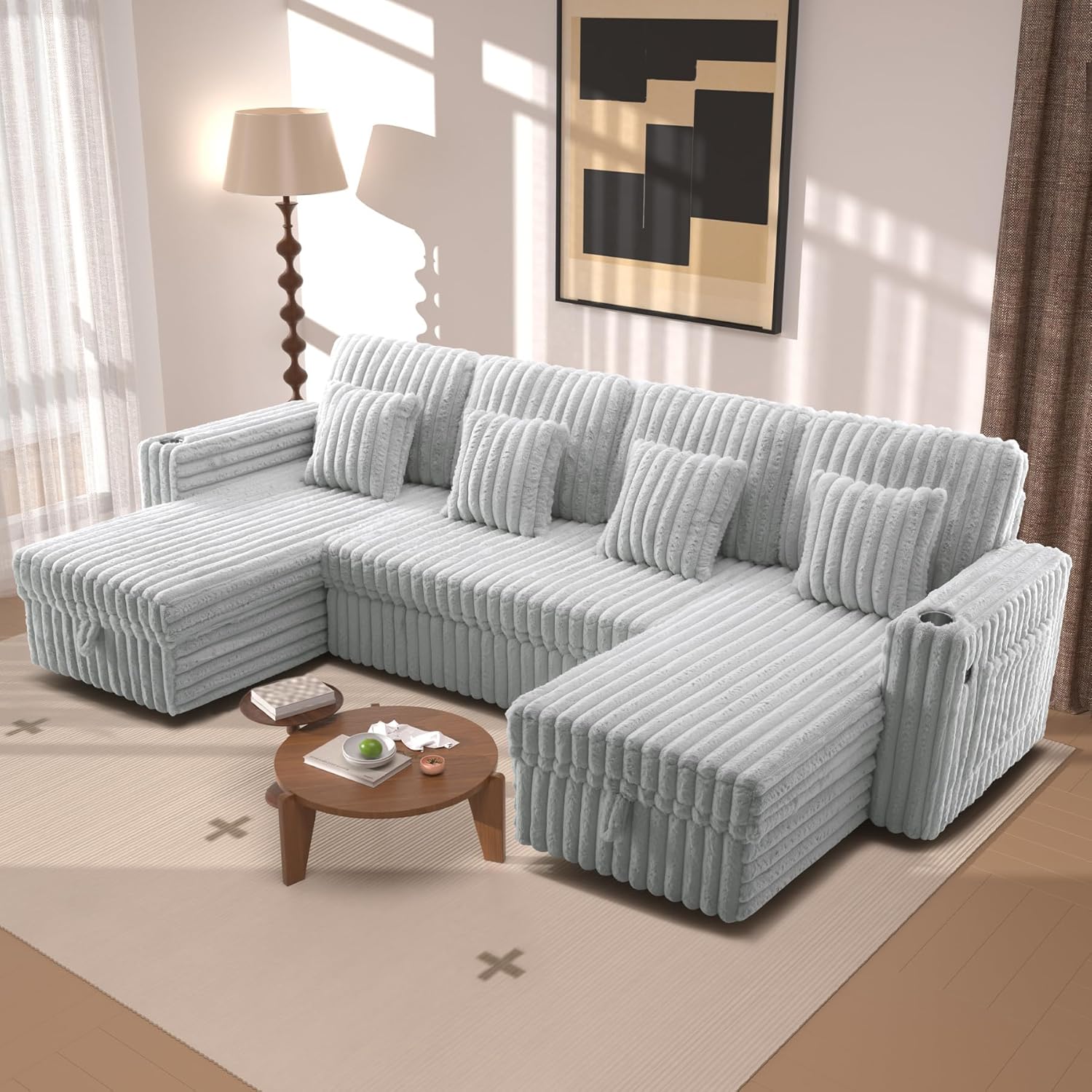 124 Sectional Sleeper Sofa with Pull Out Bed, Comfy Fluffy Plush Corduroy Cloud Sectional Couches for Living Room, U Shaped Modular Couch with Storage Chaise, Cup Holder & USB Charger, Grey