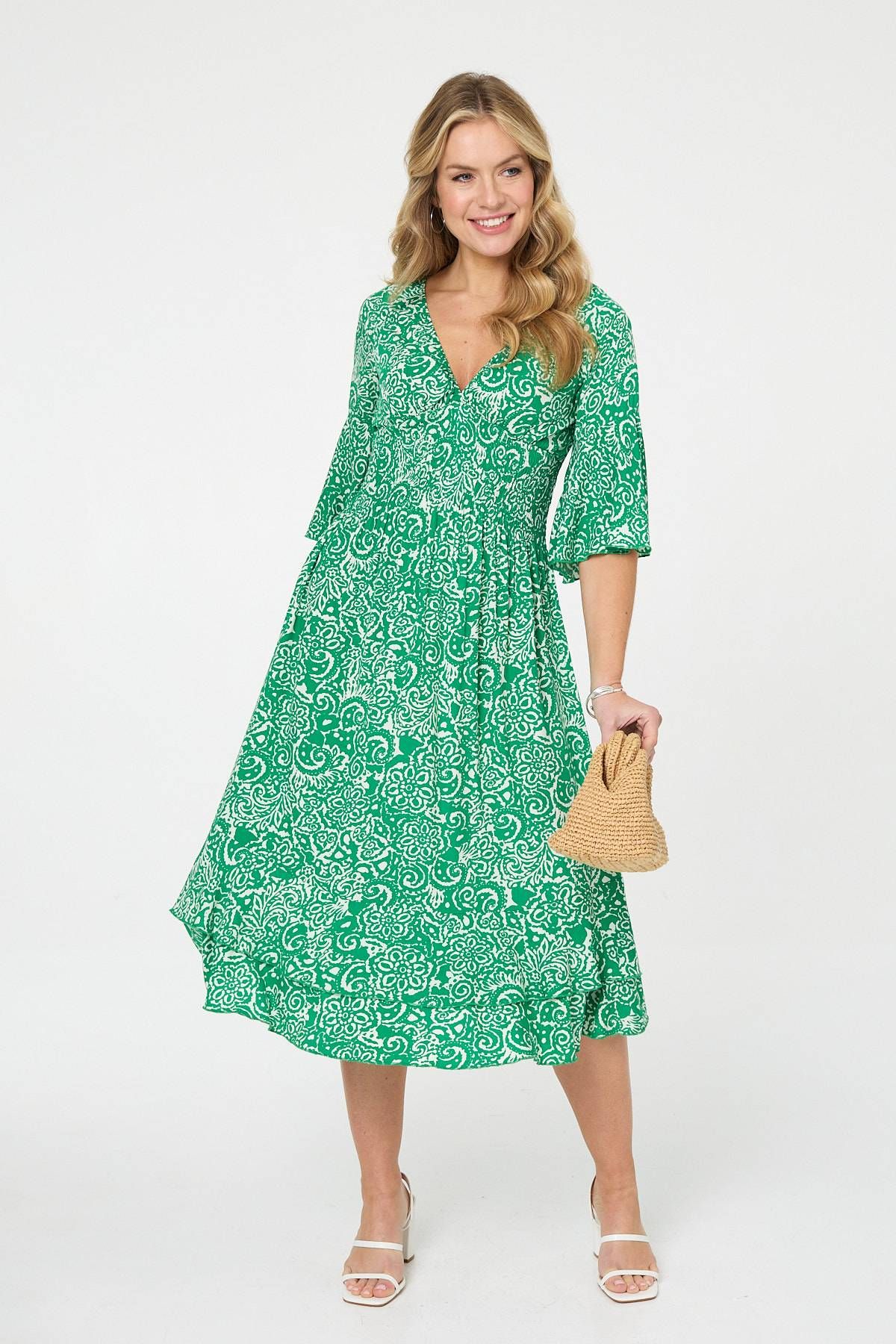 Izabel London Printed 3/4 Sleeve Layered Midi Dress
