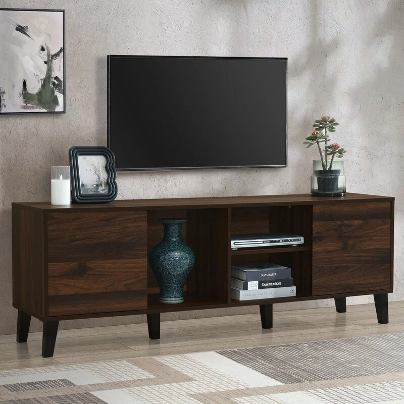 Mid Century TV Stand with 2 Cabinets, Media Console Table for TVs up to 70'',Alabaster,Dark Brown