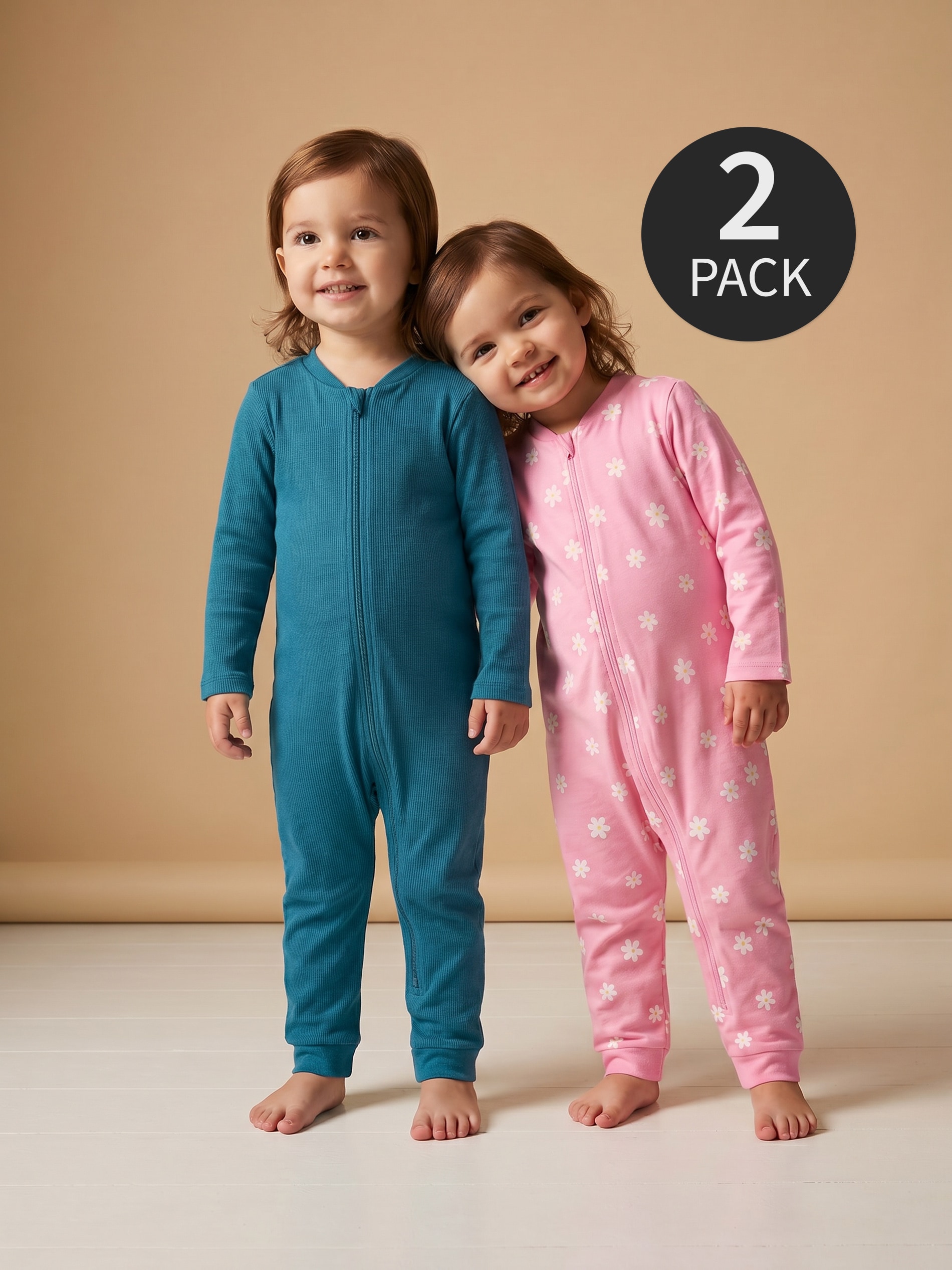 Bawełniane pajace z elastycznej dzianiny zapinane na zamek 2 pack