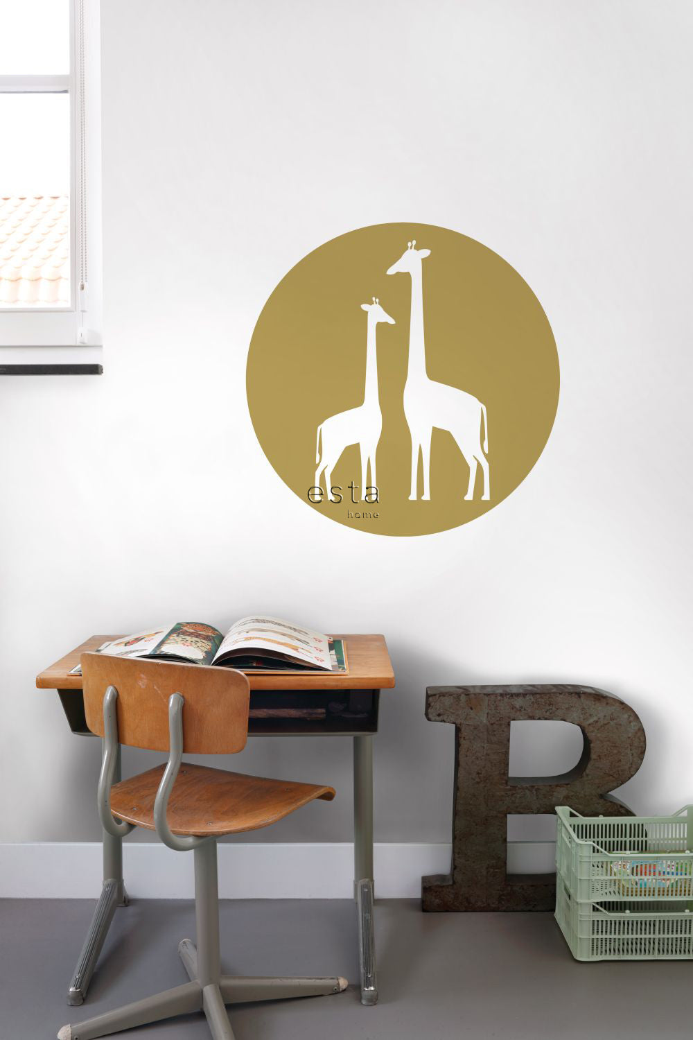 ESTAhome zelfklevende behangcirkel giraffen okergeel en wit - Ø 70 cm - 158978