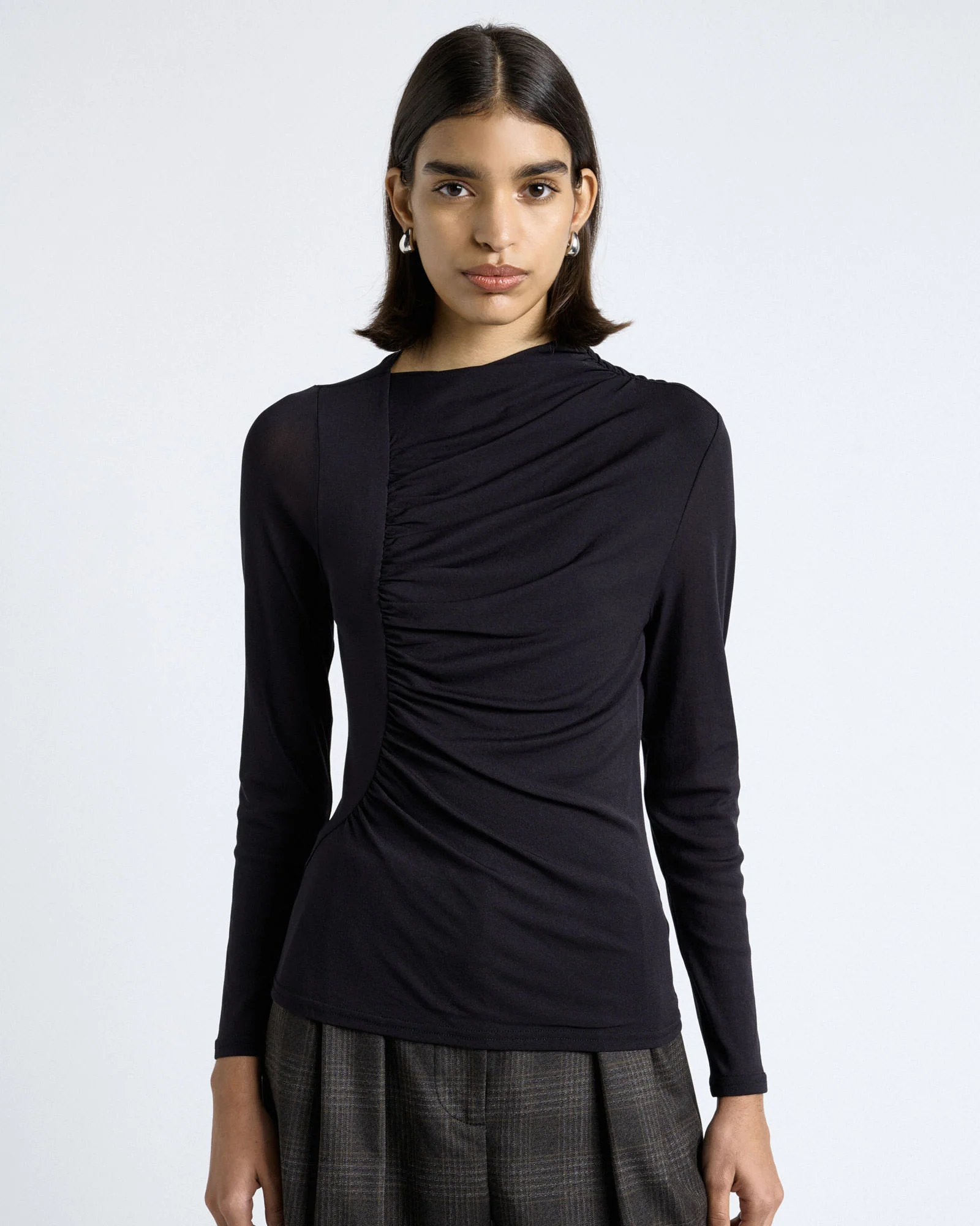 Dark Ink Ruched Mesh Long Sleeve Top