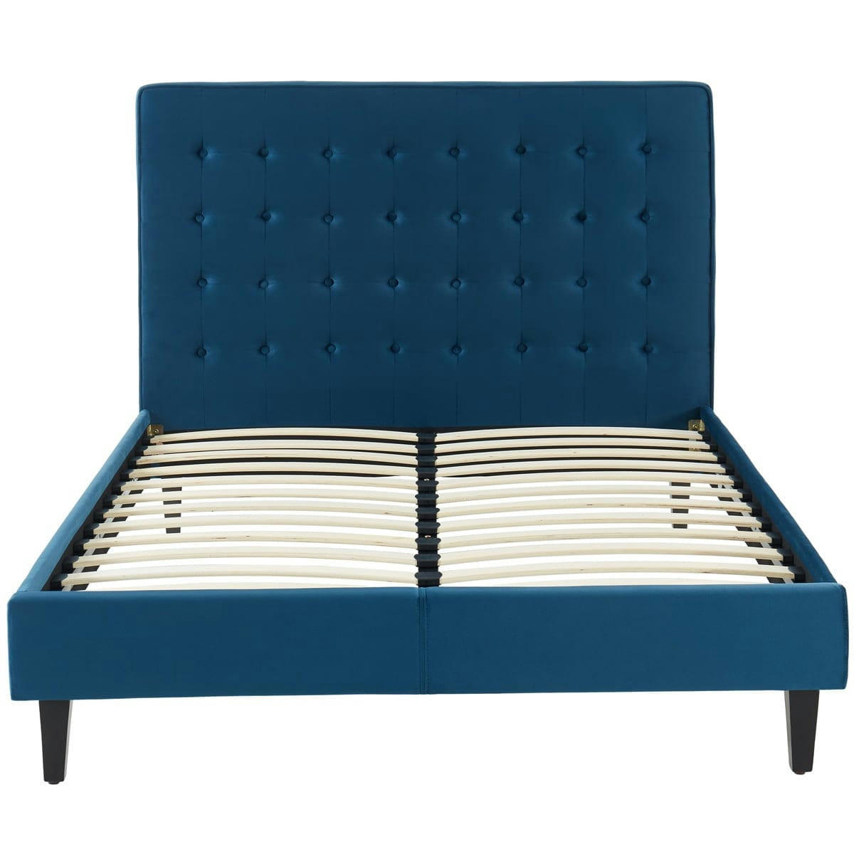 MARIE - Lit adulte en velours bleu canard, sommier à lattes, 140x190