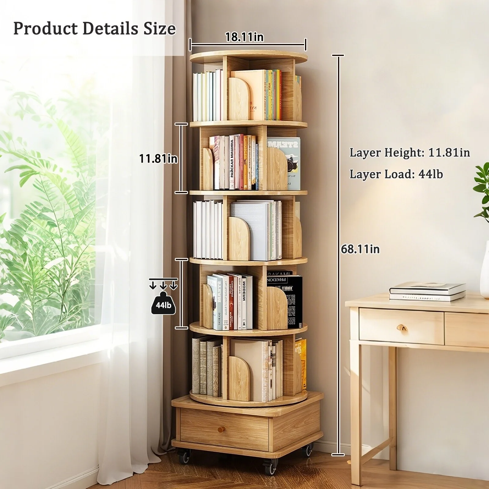 6 Tier Rotating Bookshelf, 360° Display Round Spinning Bookshelf with Wheels and Drawer