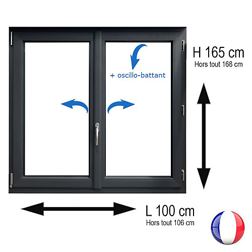 Fenêtre PVC 2 vantaux H 165 x L 100 cm OB anthracite pour pose en neuf avec poignée