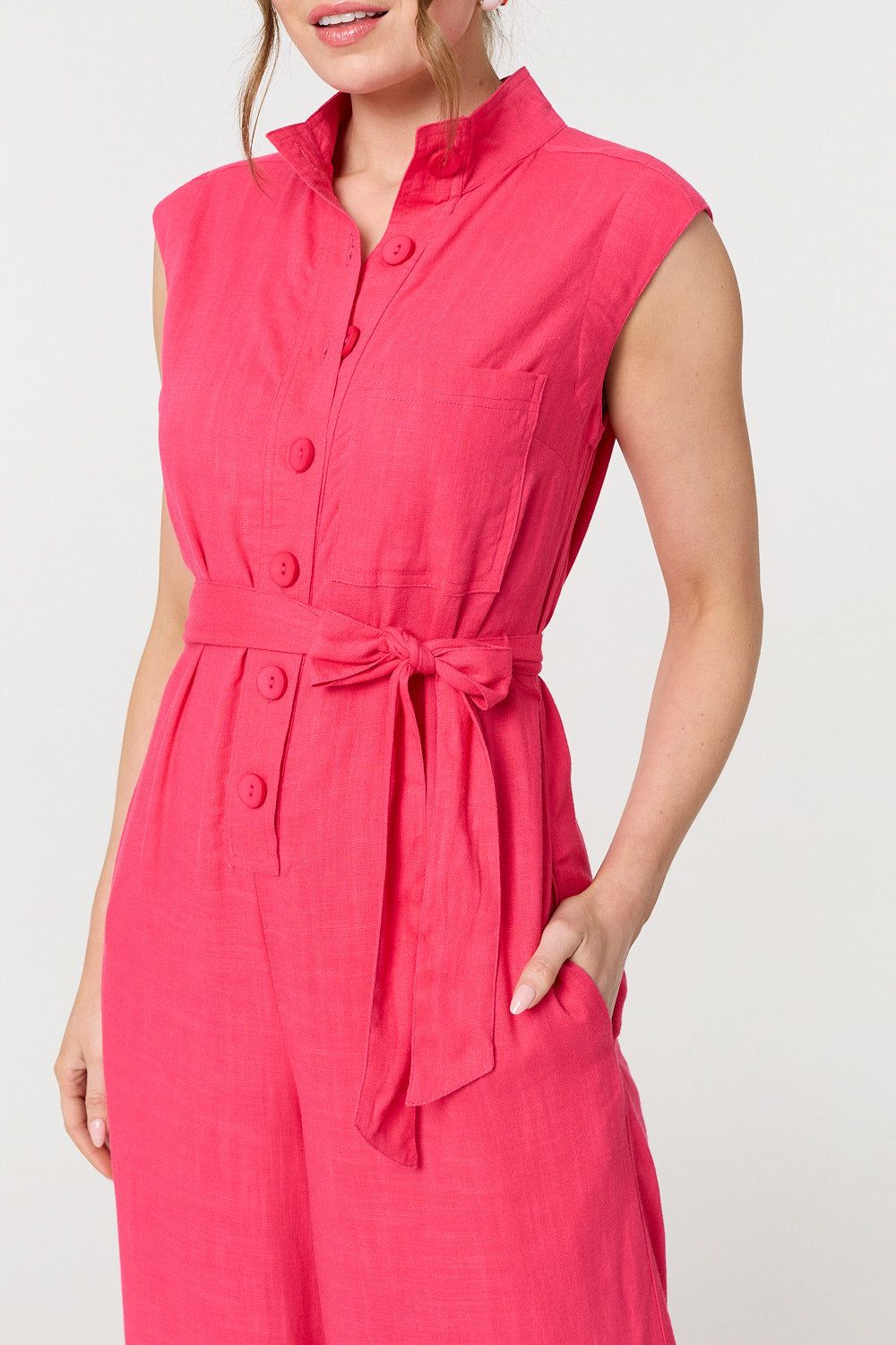 Izabel London Sleeveless Tie Waist Button-Up Jumpsuit
