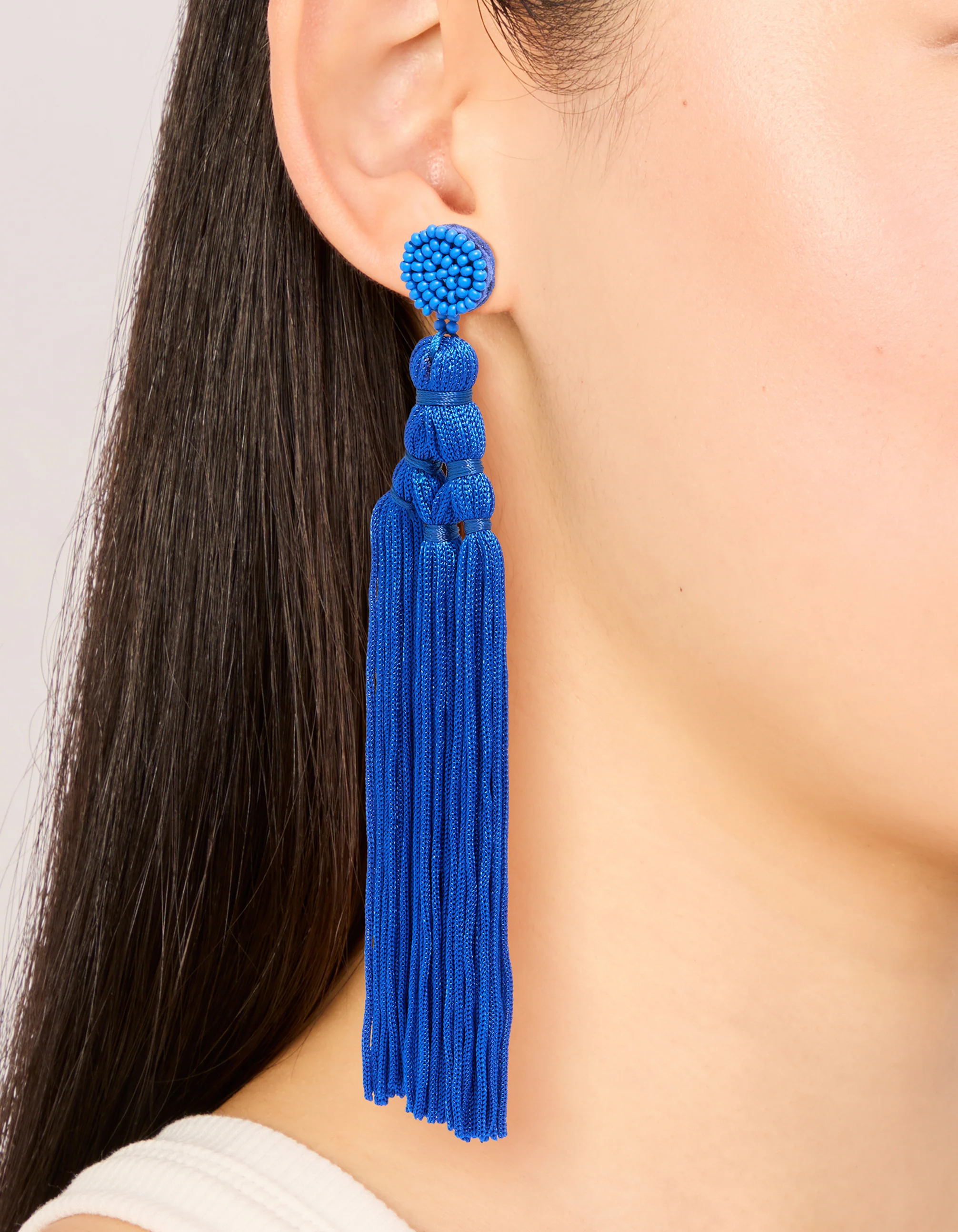 Dark Blue Fabric Fringe Long Drop Earrings