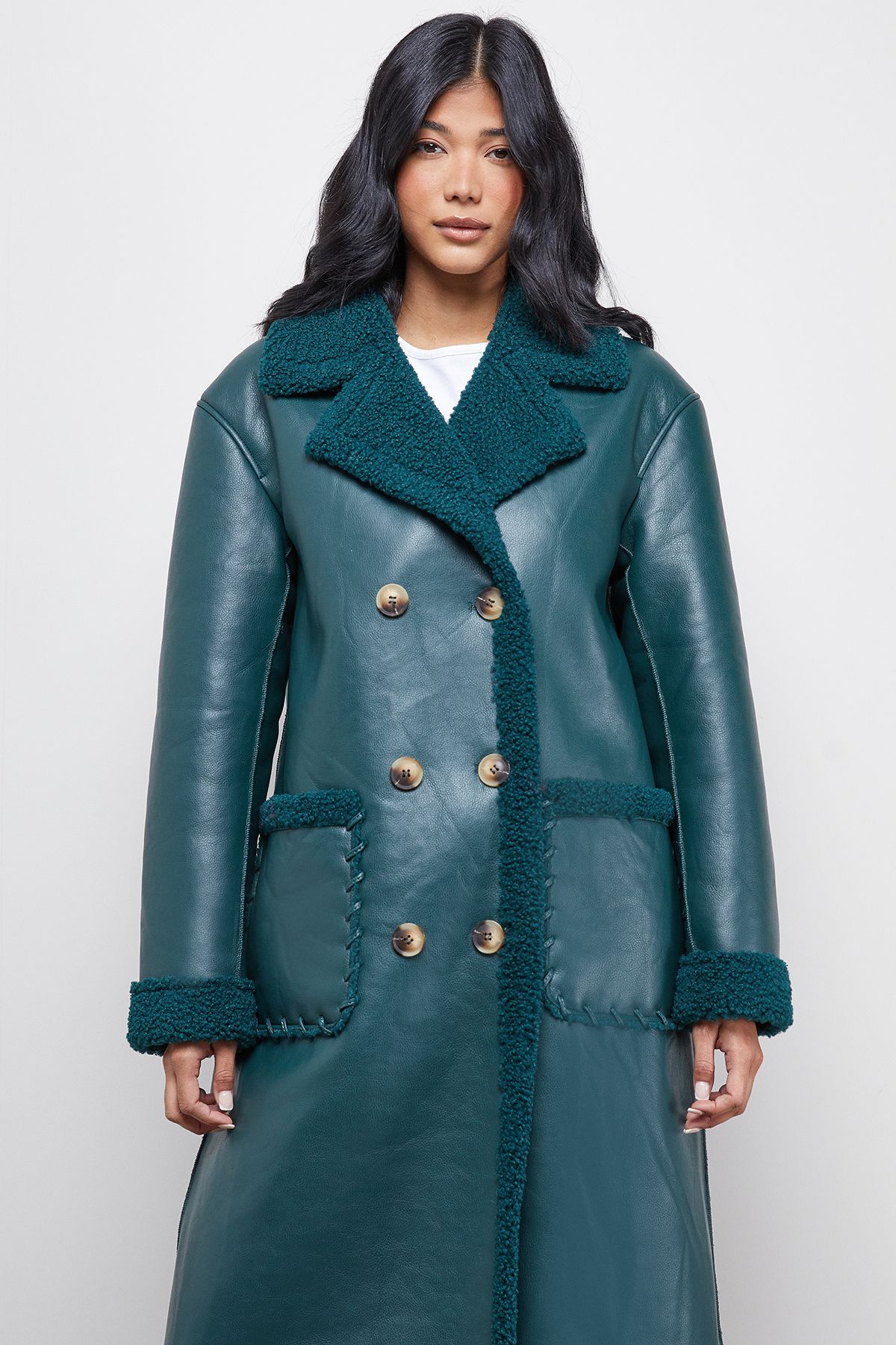 Warehouse Whipstitch Faux Leather Shearling Coat