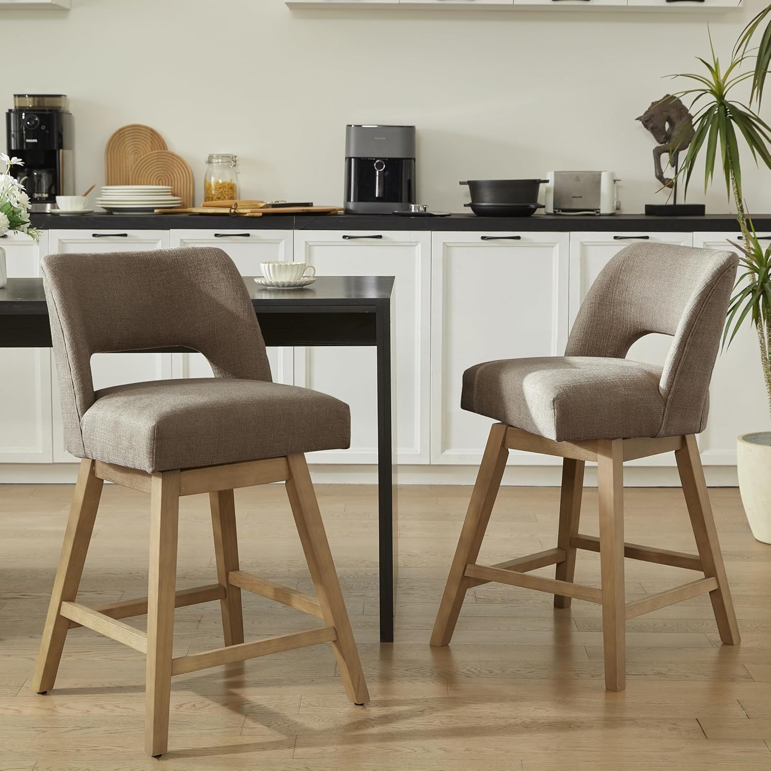 VKNOW 27 Swivel Bar Stools Set of 2, Upholstered Counter Height Bar Stools with Backrest and Rubberwood Legs, Fabric Barstools for Kitchen Island, Breakfast Bar, Living Room, Dining Room, Brown