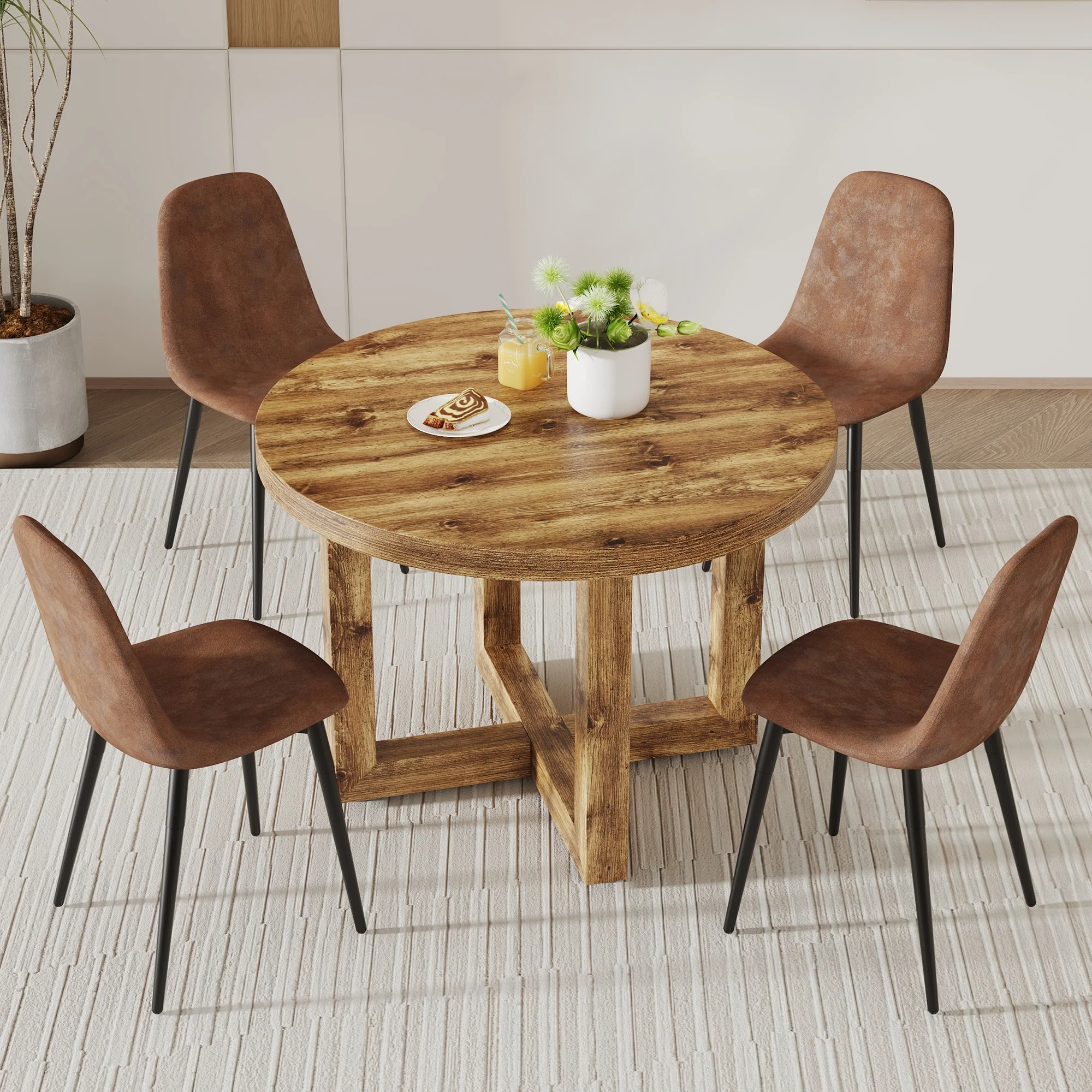 Modern Style Dining Set with Wooden Round Table and Suede Upholstered Dining Chairs