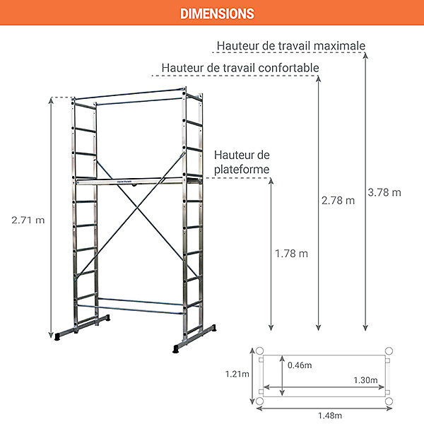 Echafaudage domestique: Hauteur de travail max 3.78m   Organisateur 10 compartiments STANLEY - 203702-ORGANISA