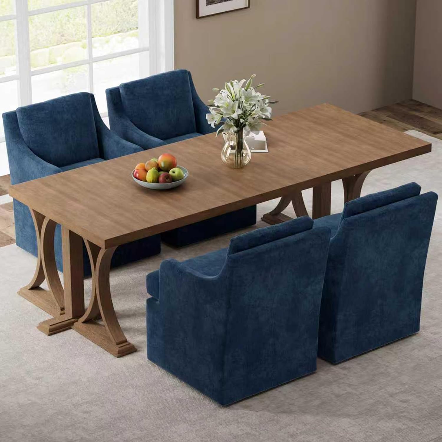 VKNOW Upholstered Dining Chairs Set of 4, Linen Kitchen Chair Dinner Chair with 4 Casters, Chenille Armchair for Bedroom Reading Room Living Room, Blue