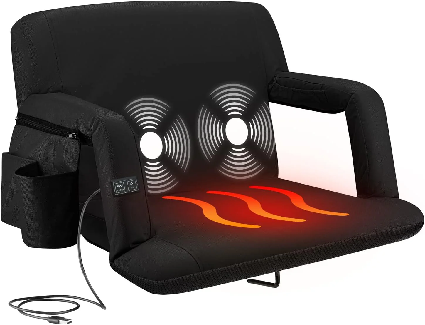 Heating Massage Stadium Seat �C Deluxe Reclining Bleacher Chair with Back  Arm Support �C Built-in Heater and Massager - Extra Thick, Lightweight and Waterproof with Detachable Pockets(Wide/Deluxe)