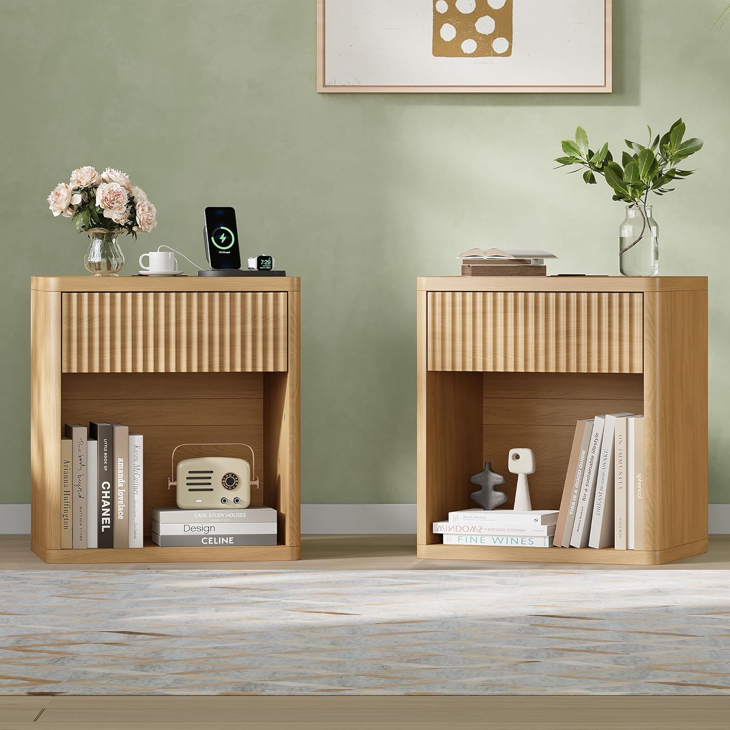 Fluted Nightstand Set of 2 with Charging Station, 21.7 Wide Modern Bedside Table with 1 Drawers Open Storage Cabinet, Wooden End Table for Bedroom, Natural Oak