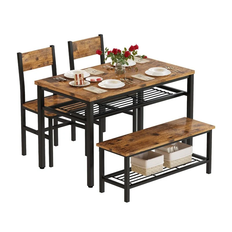 Industrial Dining Table Set for 4, 4 Piece Kitchen Table with Bench and Chairs, Rustic Dining Set with Storage Rack