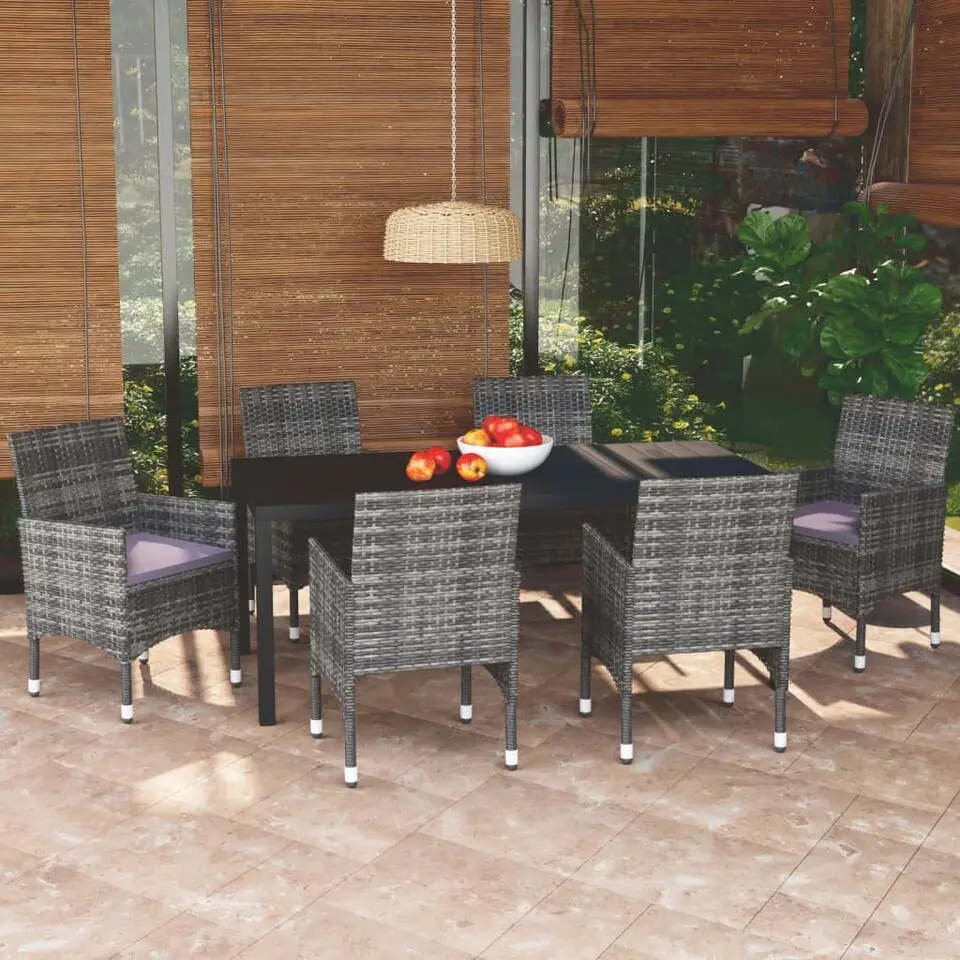 vidaXL - 7-delige Tuinset met kussens - Grijs - Poly rattan en HKC - 185x90 cm