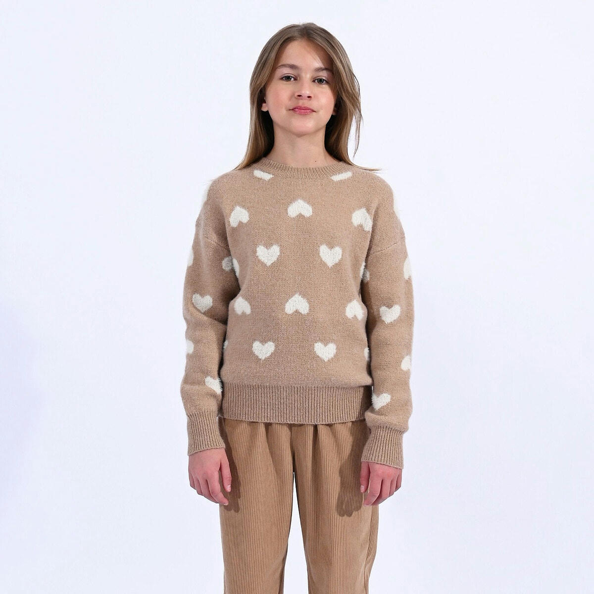 Pull col rond, motif coeurs