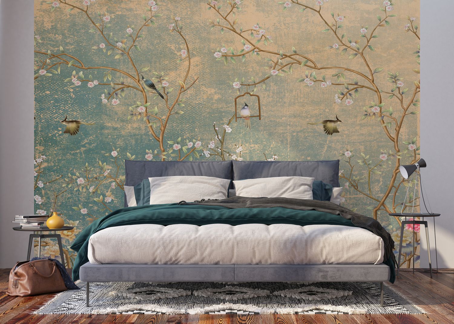 Sanders & Sanders fotobehang bloemen en vogels zeegroen - 360 x 254 cm - 601164