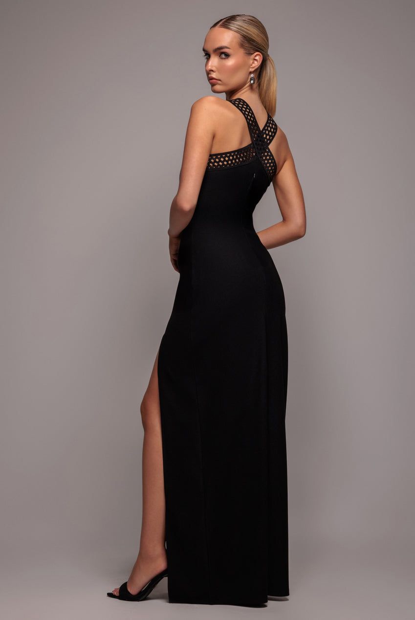 Goddiva Ribbed Criss Cross Halter Neck Maxi Dress With Thigh Split