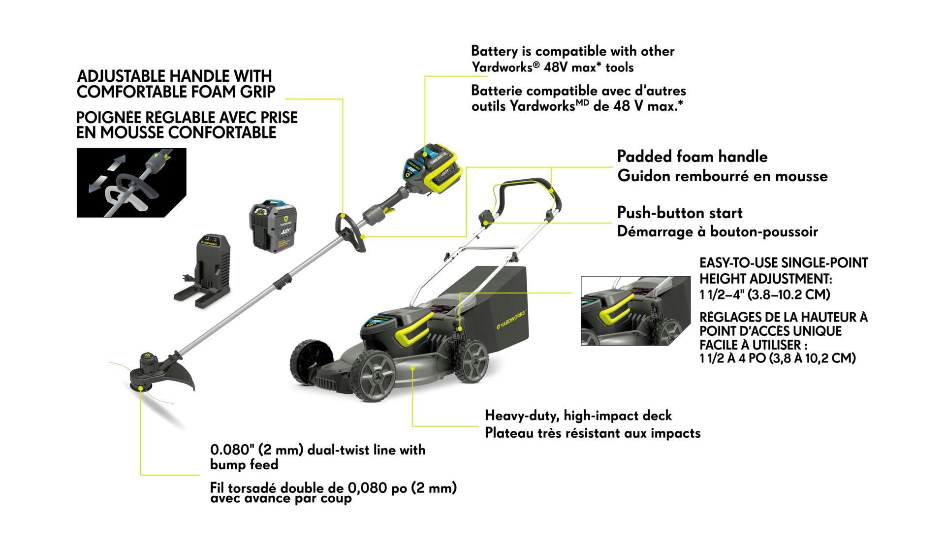 Yardworks 2-in-1 48V 4Ah Battery, Cordless Push Lawn Mower + Grass Trimmer, 17-in, 13-in