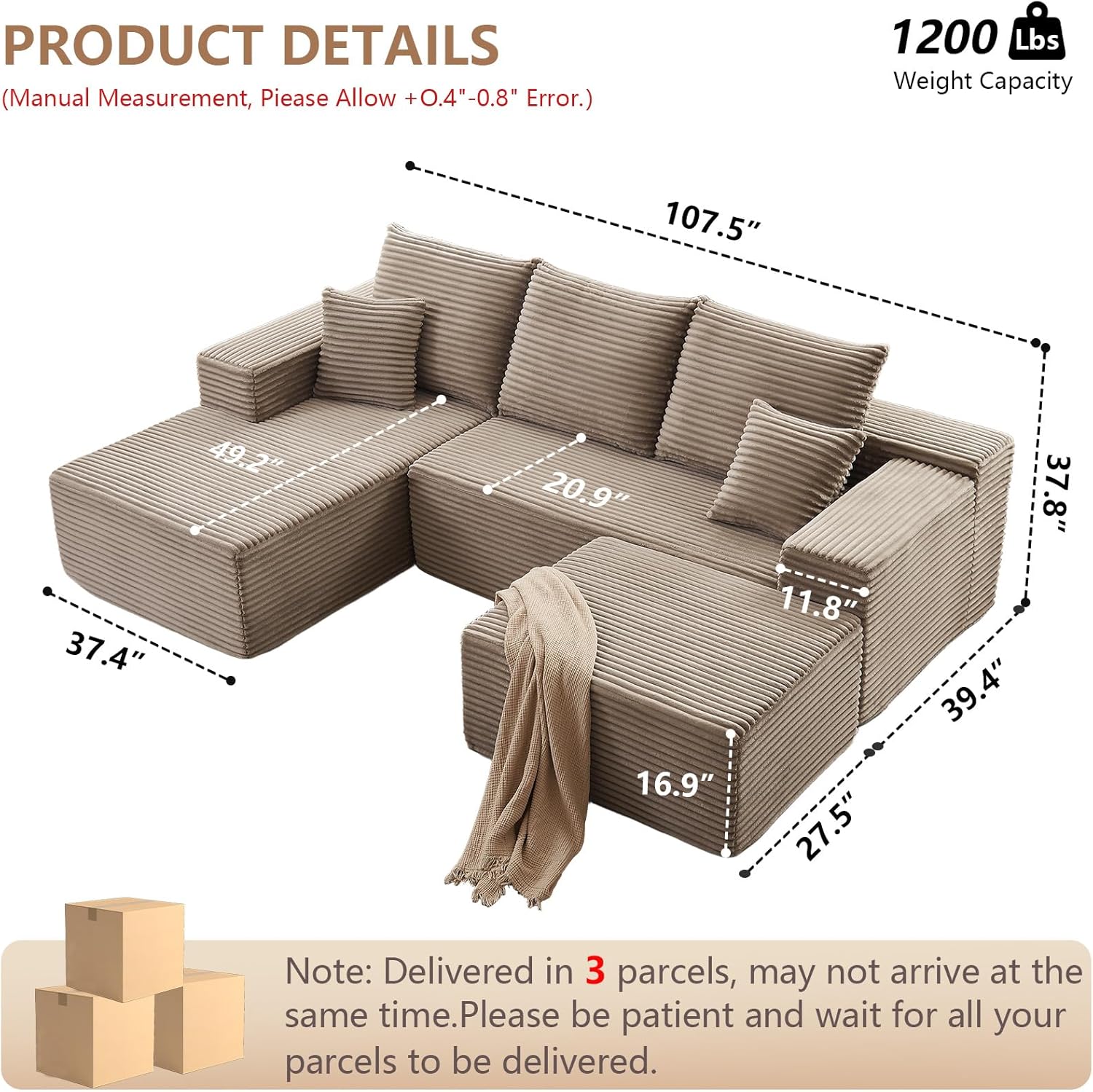 107 Modular Sectional Sofa with Ottoman, Modern Corduroy Cloud Couch with Deep Seat, Boneless Couch Upholstered 3-Seater U-Shaped Sofa for Living Room, No Assembly (Camel, Left-Facing Chaise)
