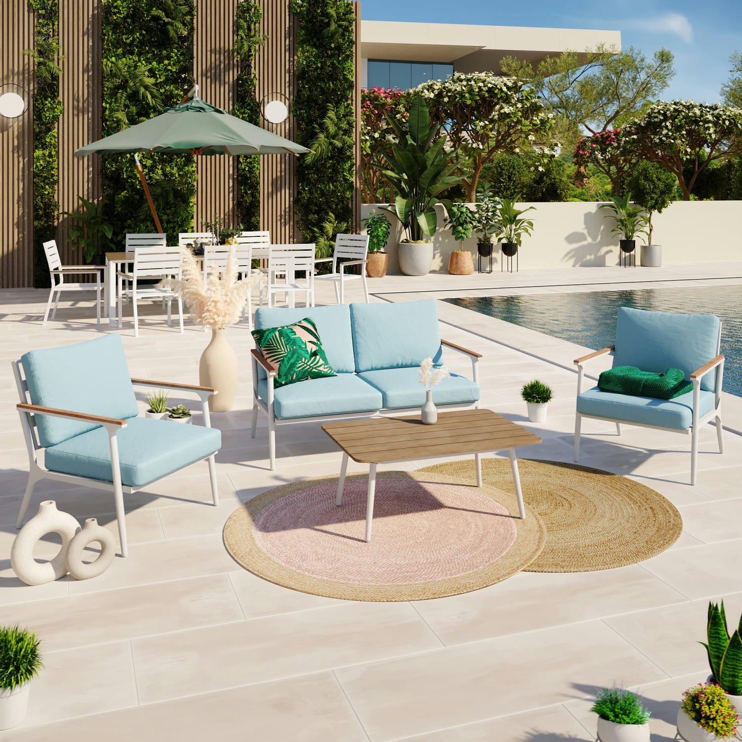 JOY - Salon de jardin 4 personnes en aluminium blanc et bleu