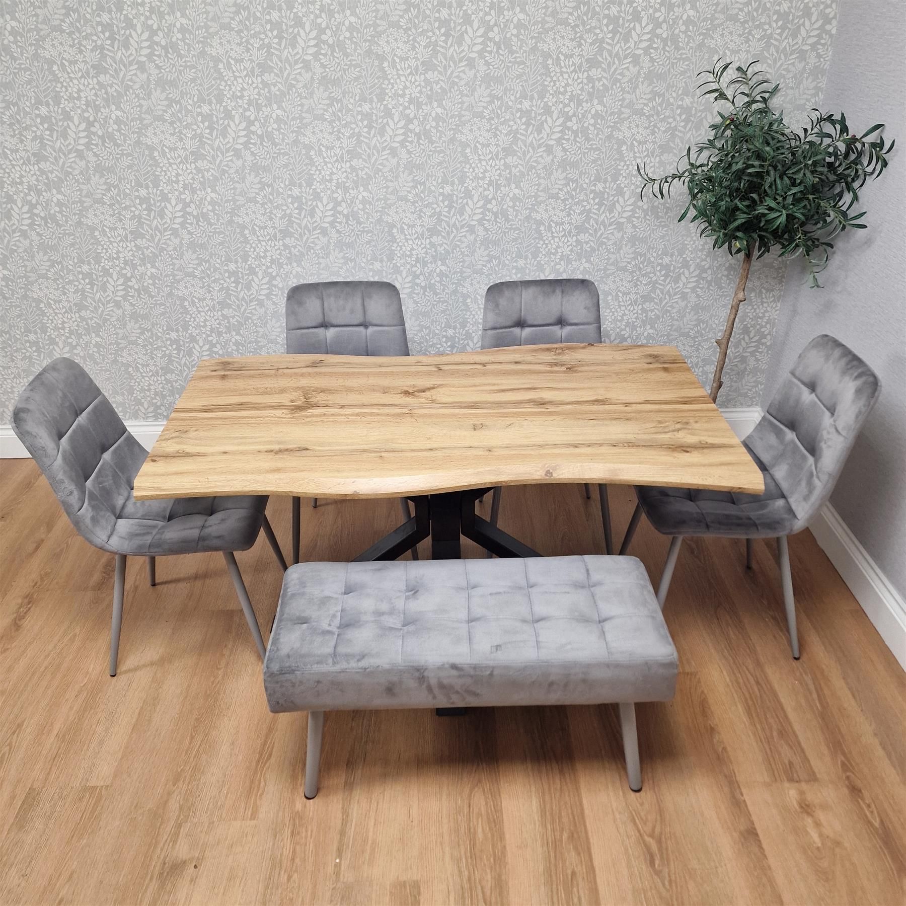 KOSY KOALA Wooden Dining Table with 2 Grey Velvet Chairs and Padded Bench, Dining Room Furniture