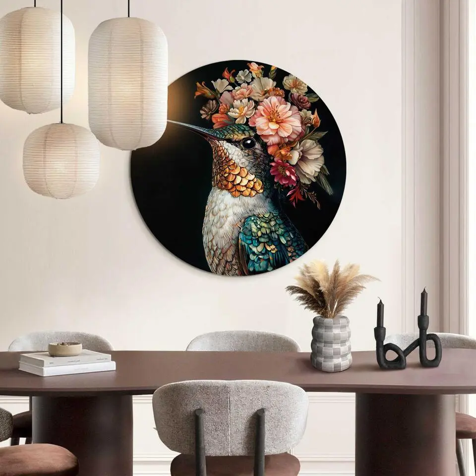 Glasschilderij Kolibrie met bloemenkroon - &Oslash; 70 - Bont