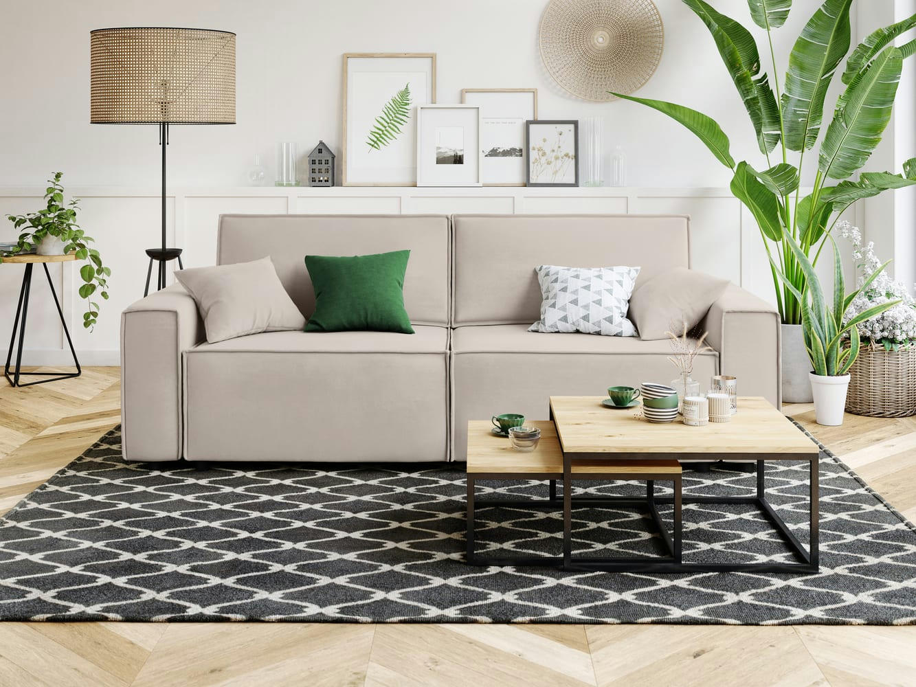 MIRA - Canapé droit convertible en velours 3 places grège