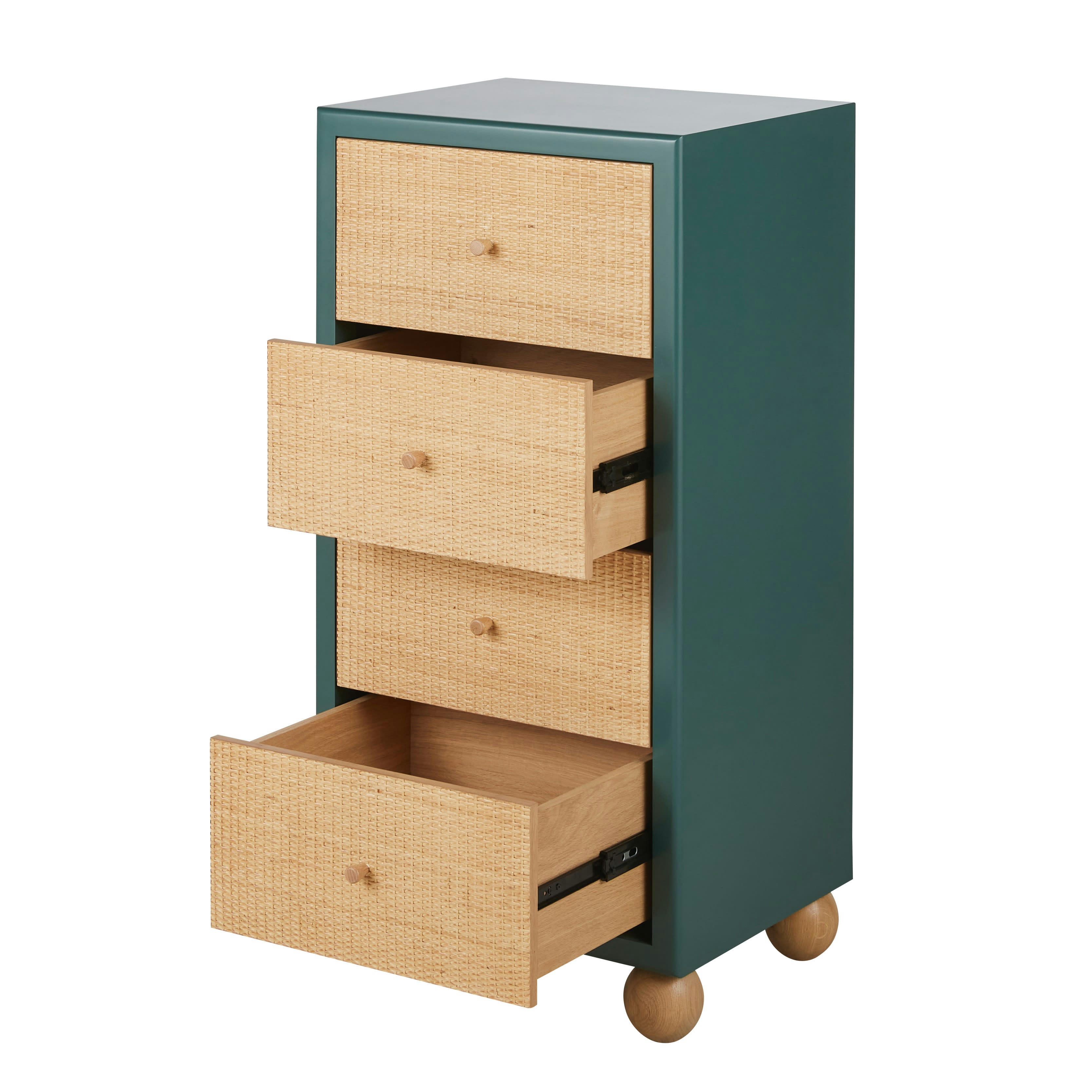 DABALI - Semainier 4 tiroirs vert foncé et en rotin tressé