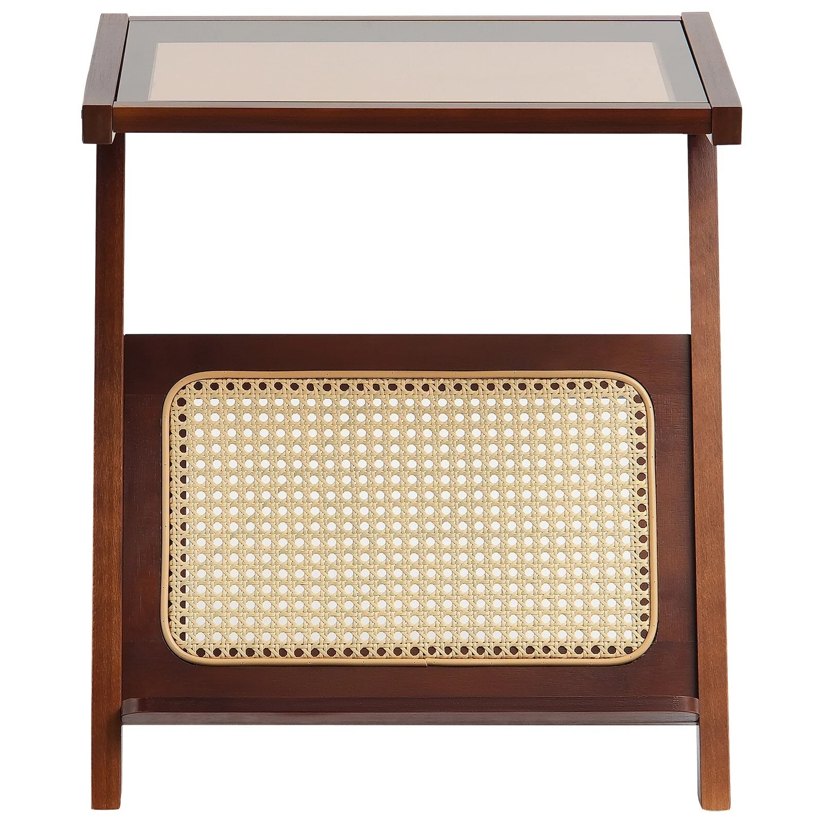 Walnut Wicker Z-Shaped Rattan Woven End Table with Removable Glass Top Suitable for Any Room - 19.7” x 14.4” x 22”