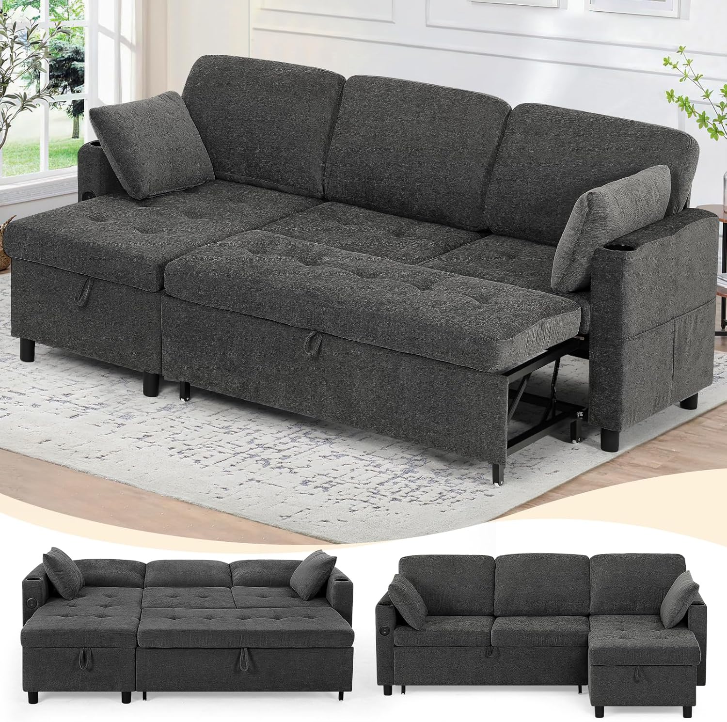 84 L-Shape Pull Out Sofa with 2 Storage Chaise, Fabric Sectional Sleeper Sofa with Adjustable Backrest, Upholstered Reversible Couch Bed with USB Port for Living Room, House, Grey